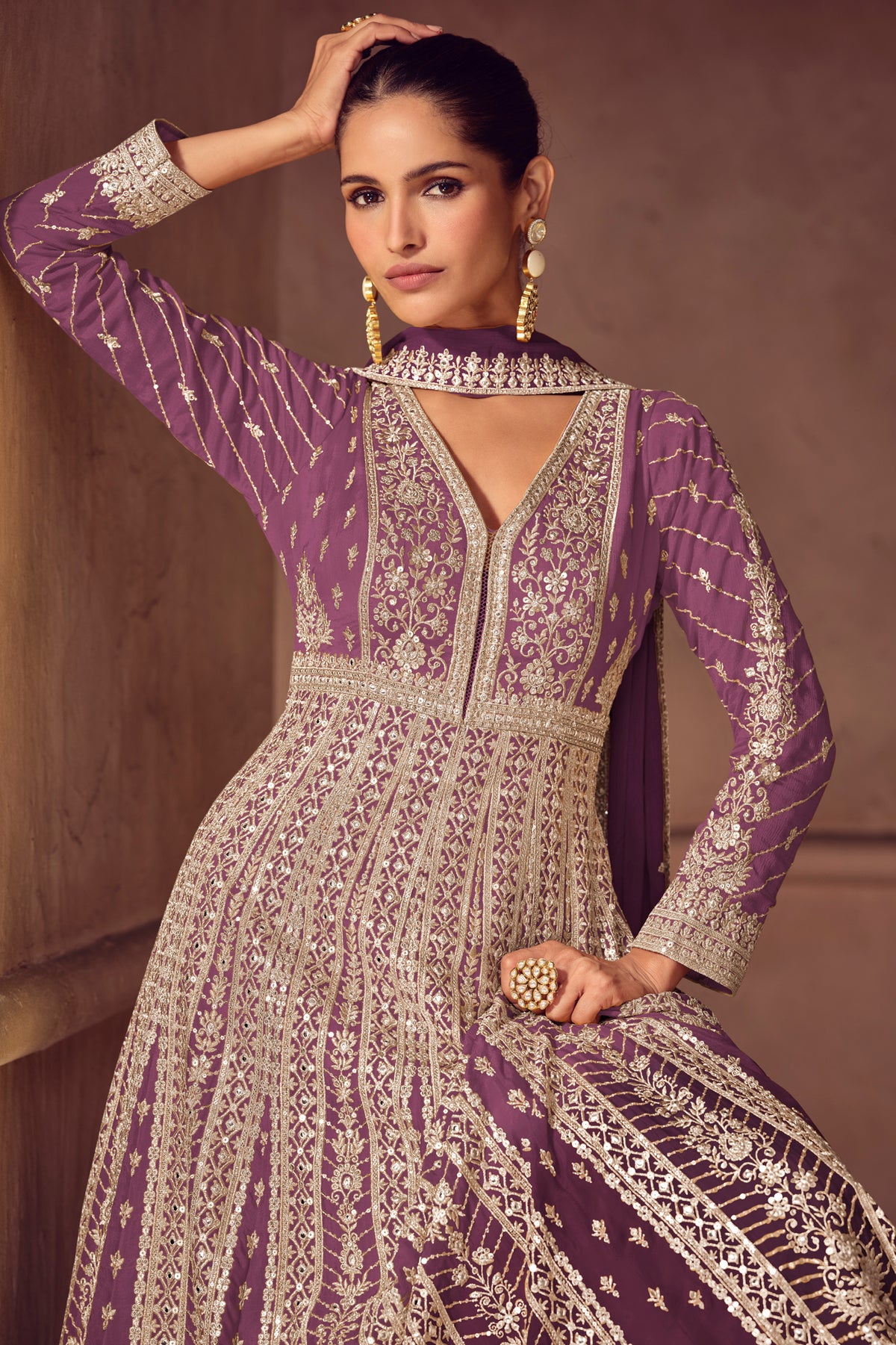 Purple Readymade Embroidered Chinon Gown with Dupatta-SAR13540_2_SareeButa.com