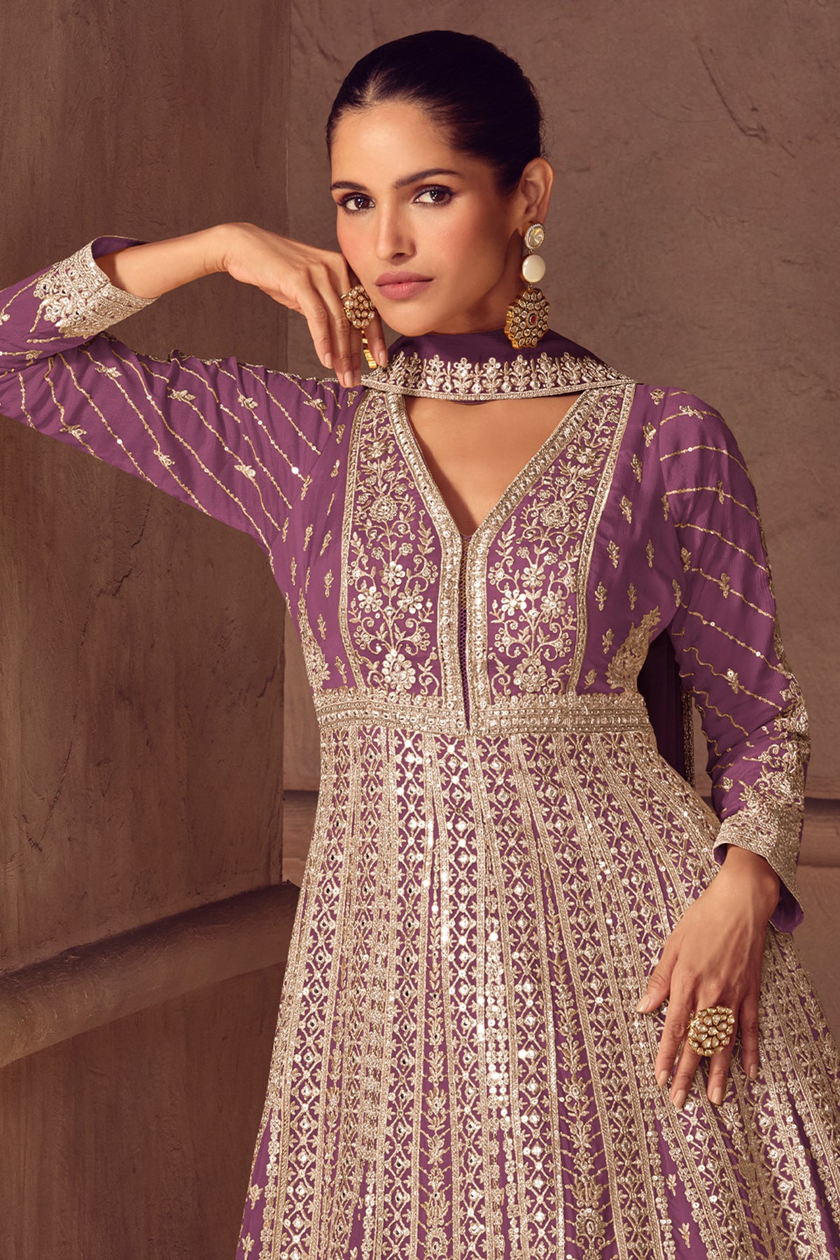 Purple Readymade Embroidered Chinon Gown with Dupatta-SAR13540_3_SareeButa.com