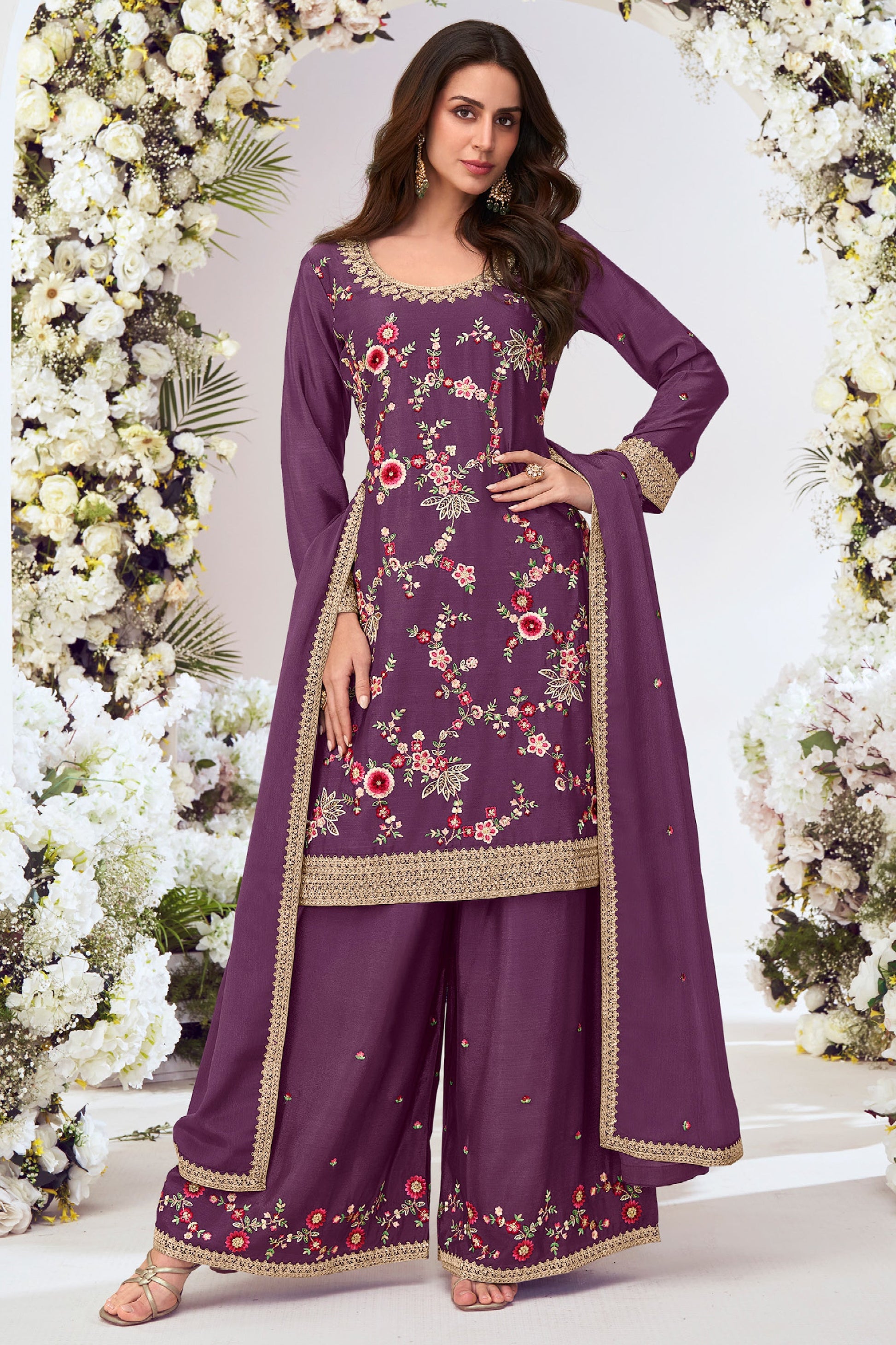 Purple Readymade Embroidered Chinon Palazzo Suit-SS780_1_SareeButa.com