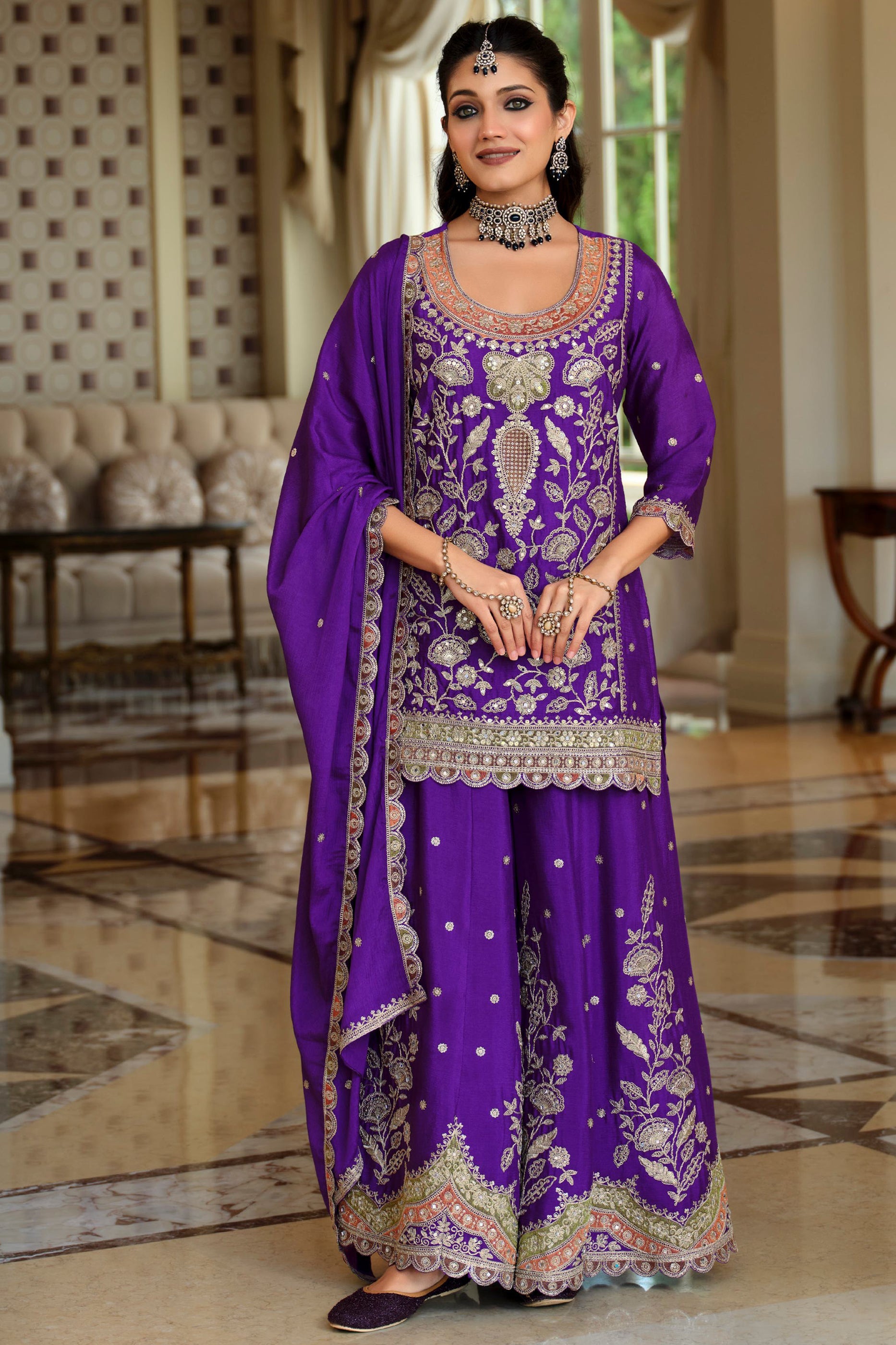 Purple Readymade Embroidered Chinon Sharara Suit-SAR12054_1_SareeButa.com