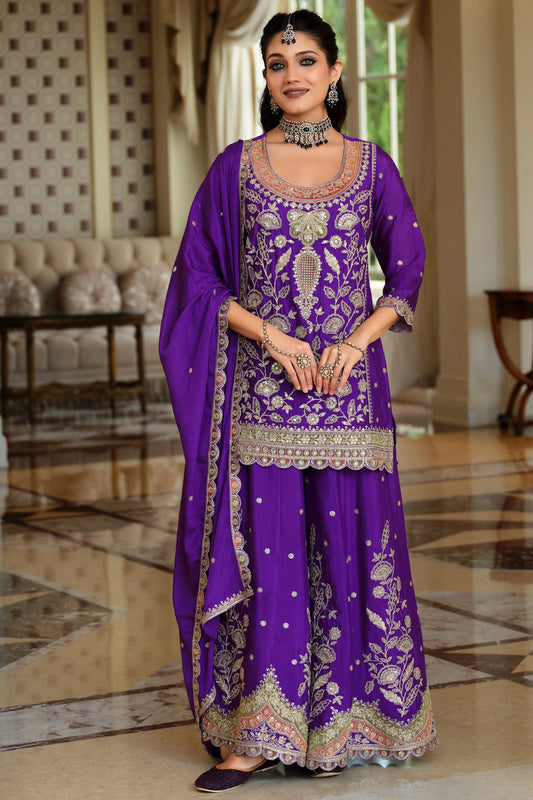 Purple Readymade Embroidered Chinon Sharara Suit-SAR12054_1_SareeButa.com