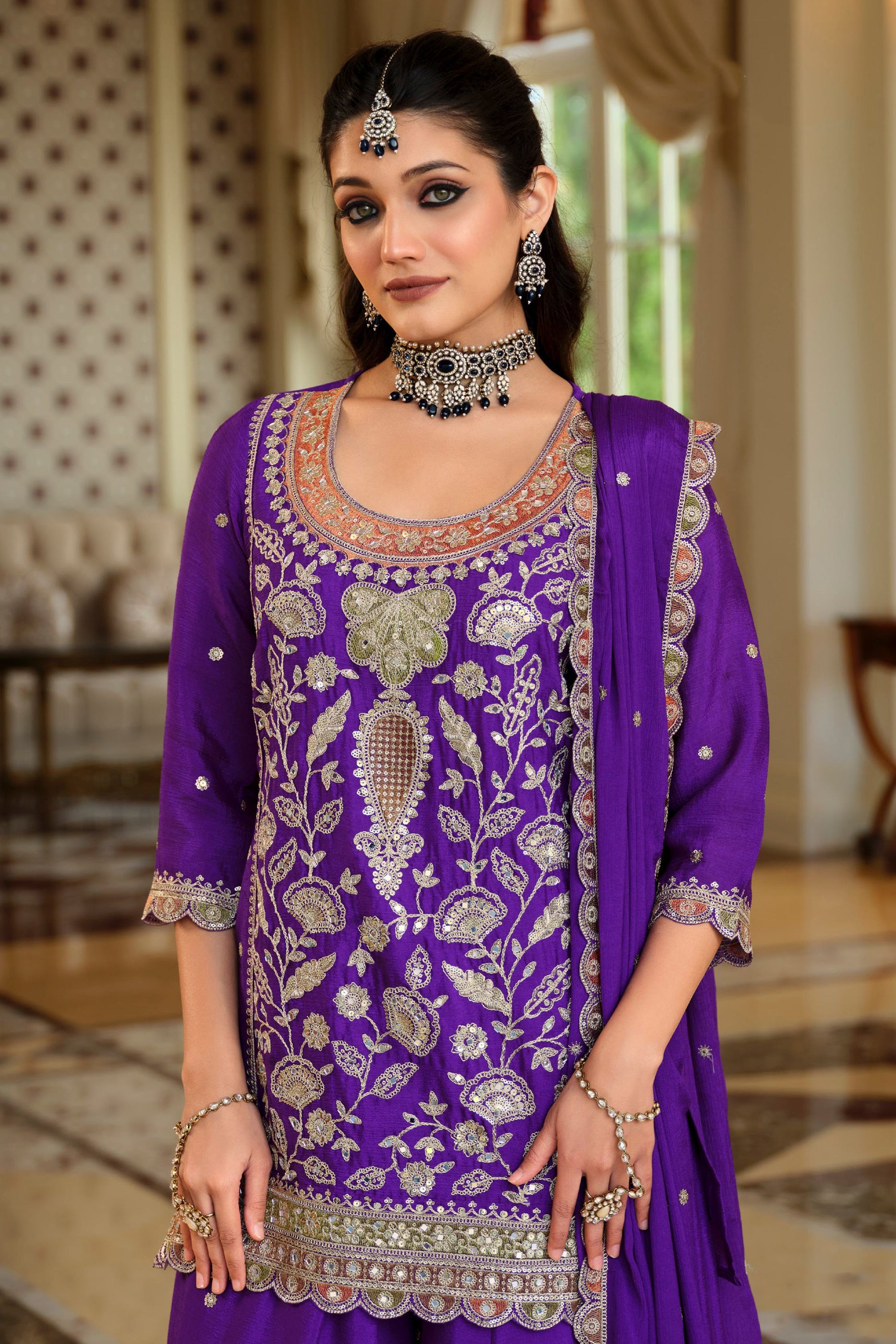Purple Readymade Embroidered Chinon Sharara Suit-SAR12054_2_SareeButa.com