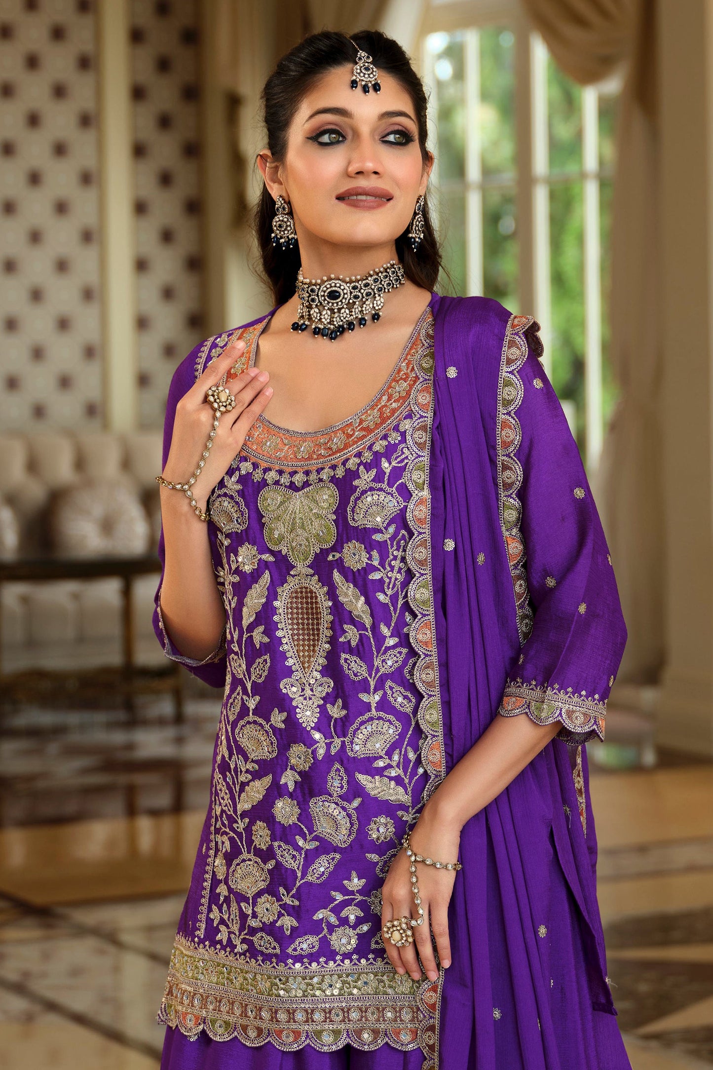 Purple Readymade Embroidered Chinon Sharara Suit-SAR12054_3_SareeButa.com