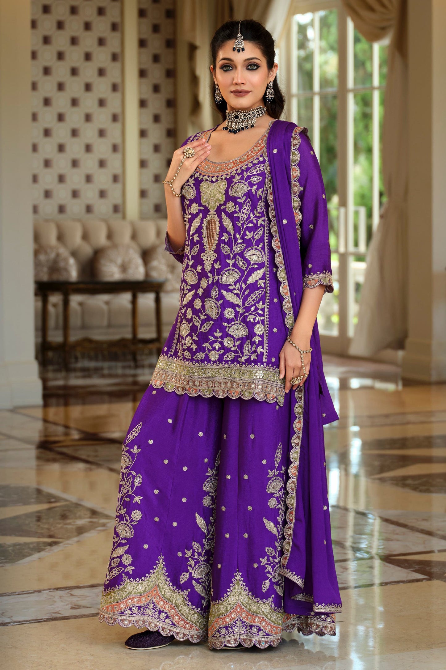 Purple Readymade Embroidered Chinon Sharara Suit-SAR12054_4_SareeButa.com