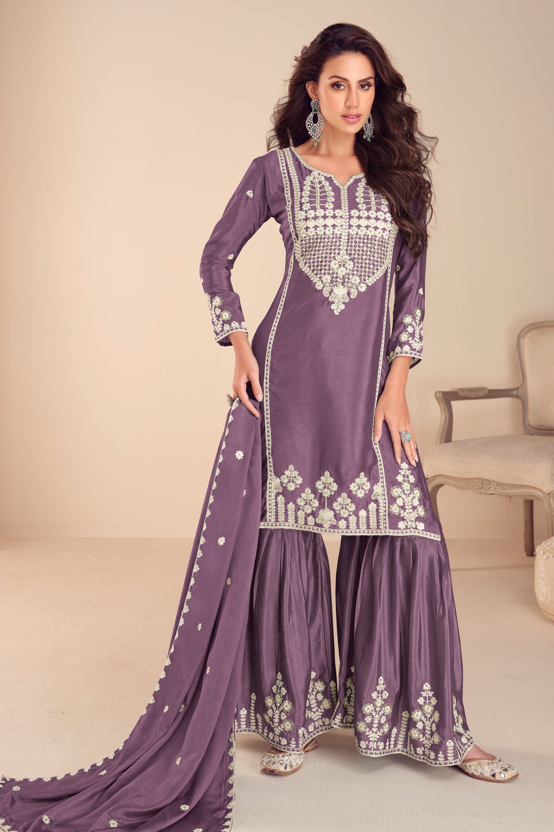 Purple Readymade Embroidered Chinon Sharara Suit-SAR12185_1_SareeButa.com
