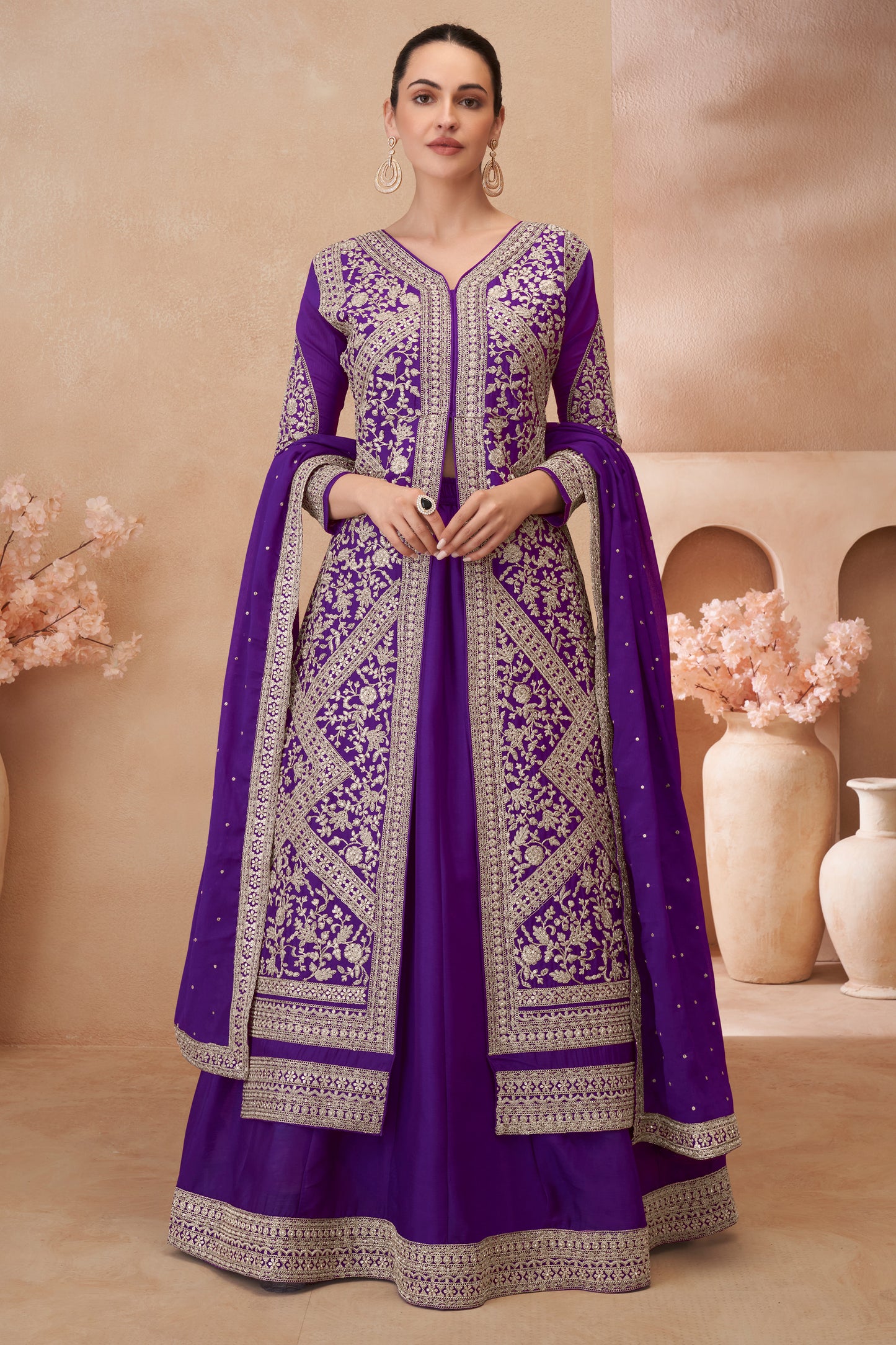 Purple Readymade Embroidered Chinon Silk Skirt Suit-SAR12180_1_SareeButa.com