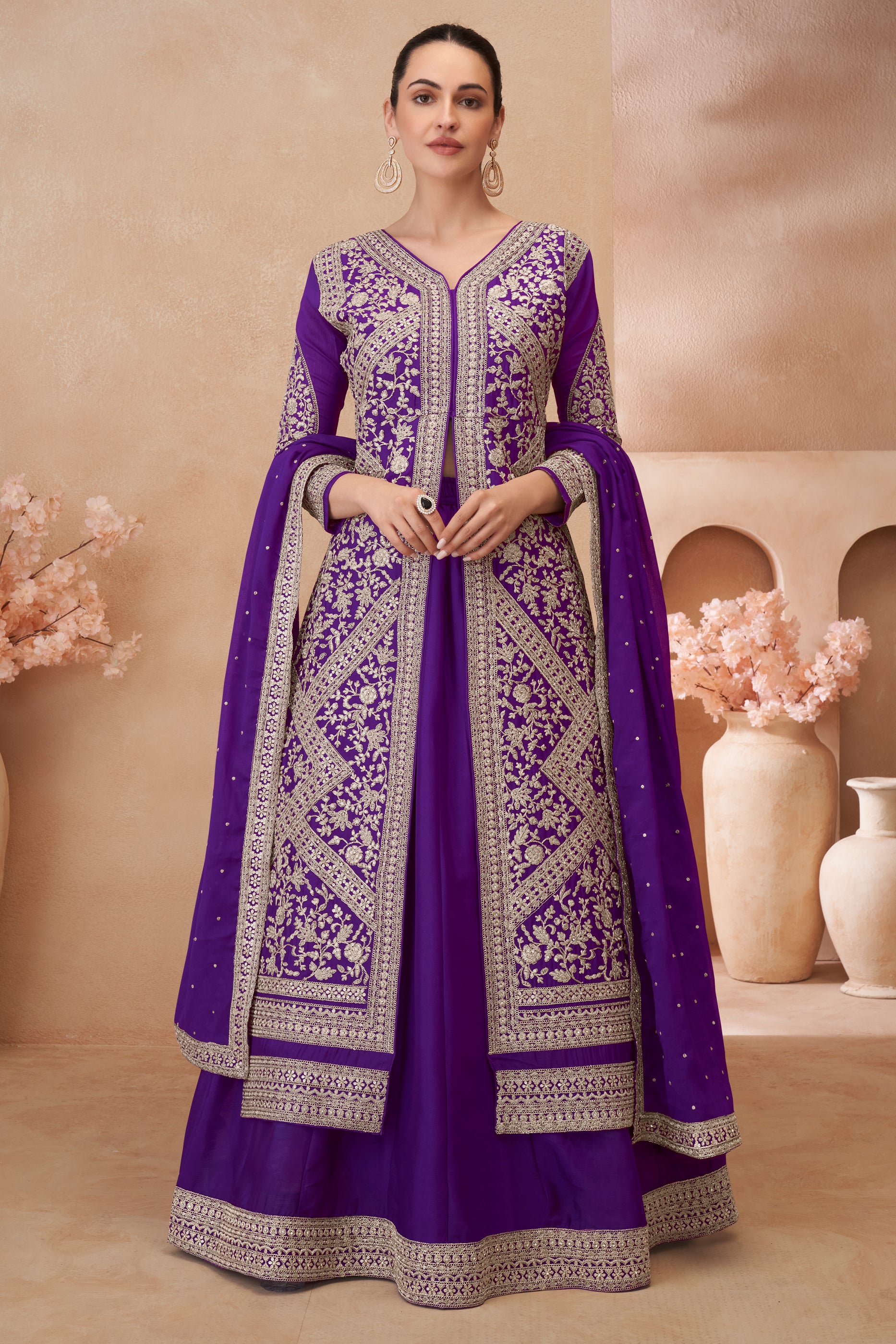 Purple Readymade Embroidered Chinon Silk Skirt Suit-SAR12180_1_SareeButa.com