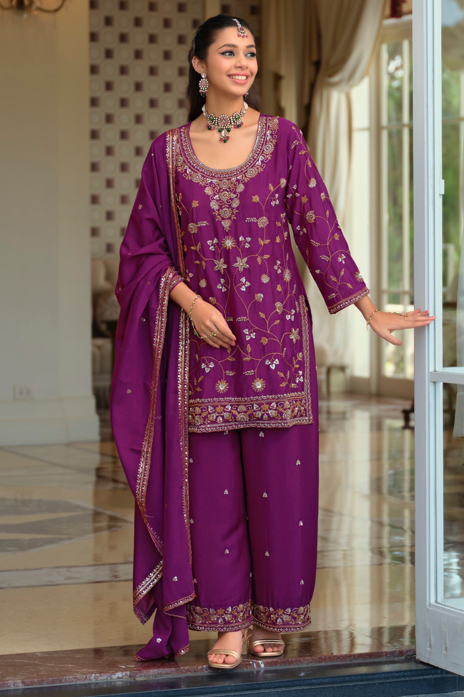 Purple Readymade Embroidered Chinon Suit-SAR12123_1_SareeButa.com