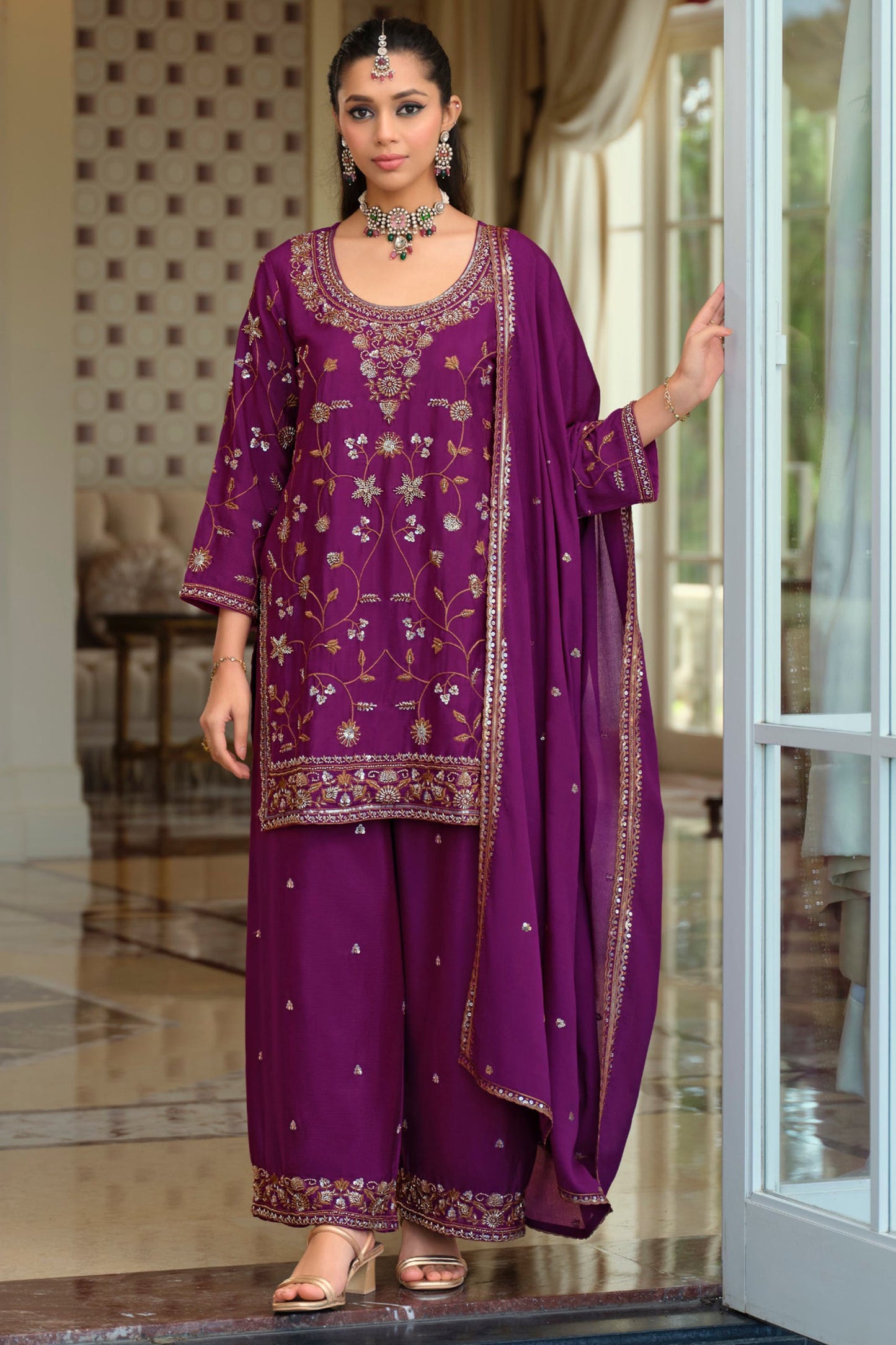 Purple Readymade Embroidered Chinon Suit-SAR12123_4_SareeButa.com