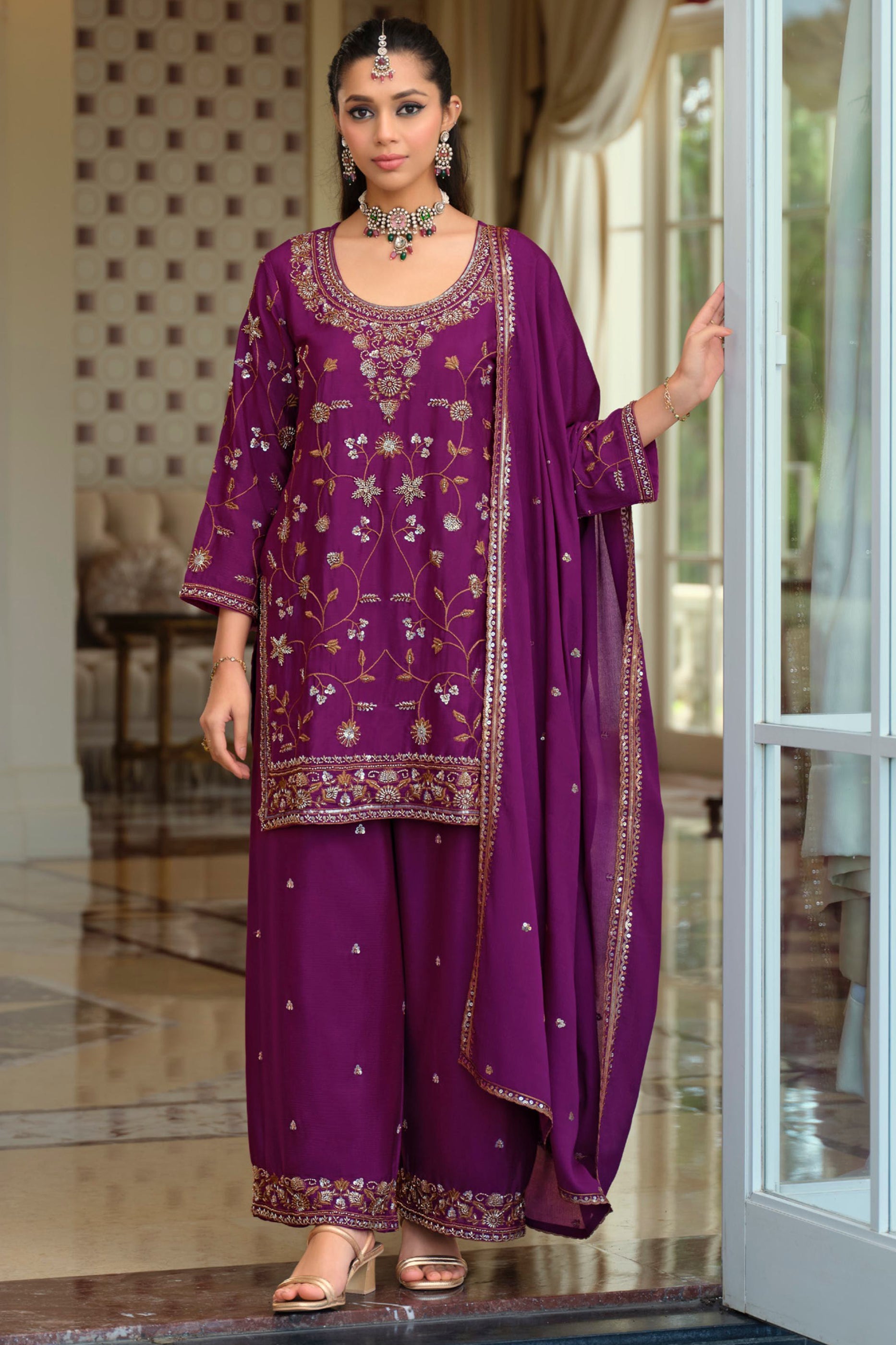Purple Readymade Embroidered Chinon Suit-SAR12123_4_SareeButa.com