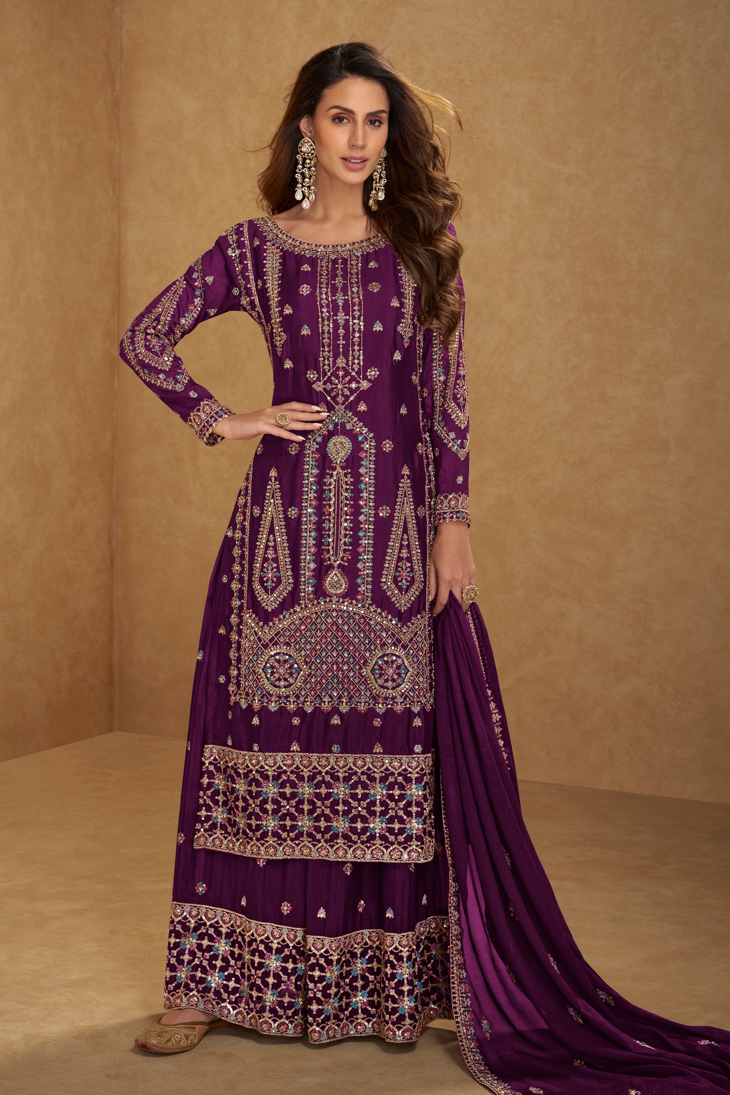 Purple Readymade Embroidered Chinon Suit-SAR12233_1_SareeButa.com