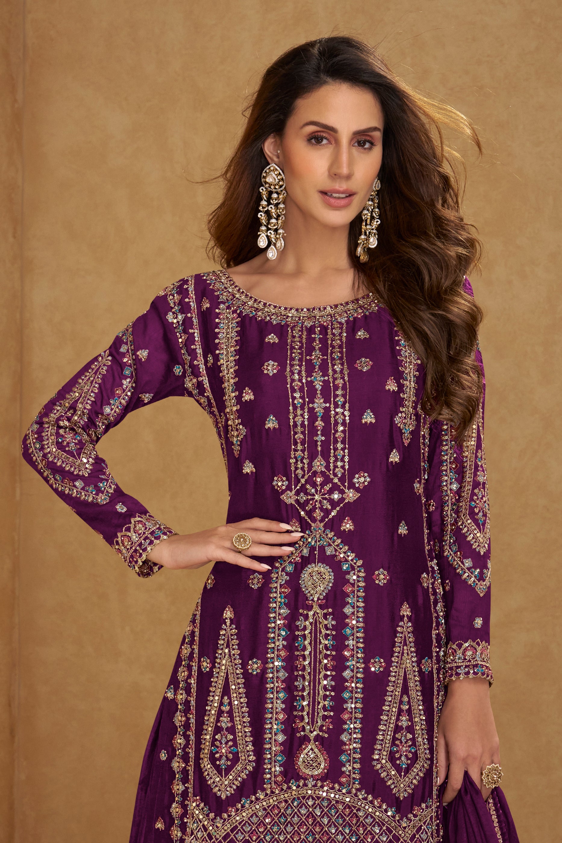 Purple Readymade Embroidered Chinon Suit-SAR12233_3_SareeButa.com