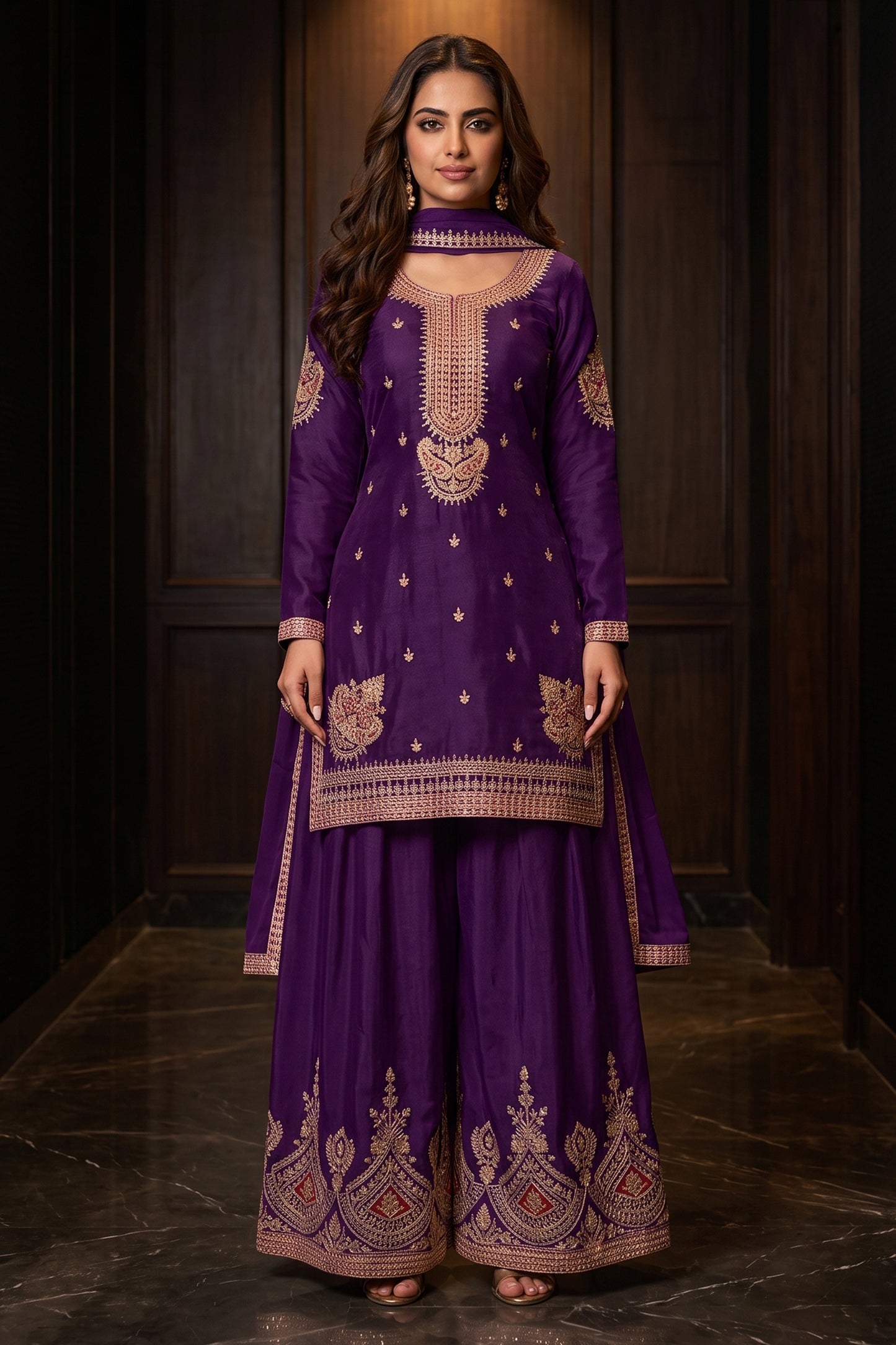Purple Readymade Embroidered Chinon Suit-SAR12990_1_SareeButa.com
