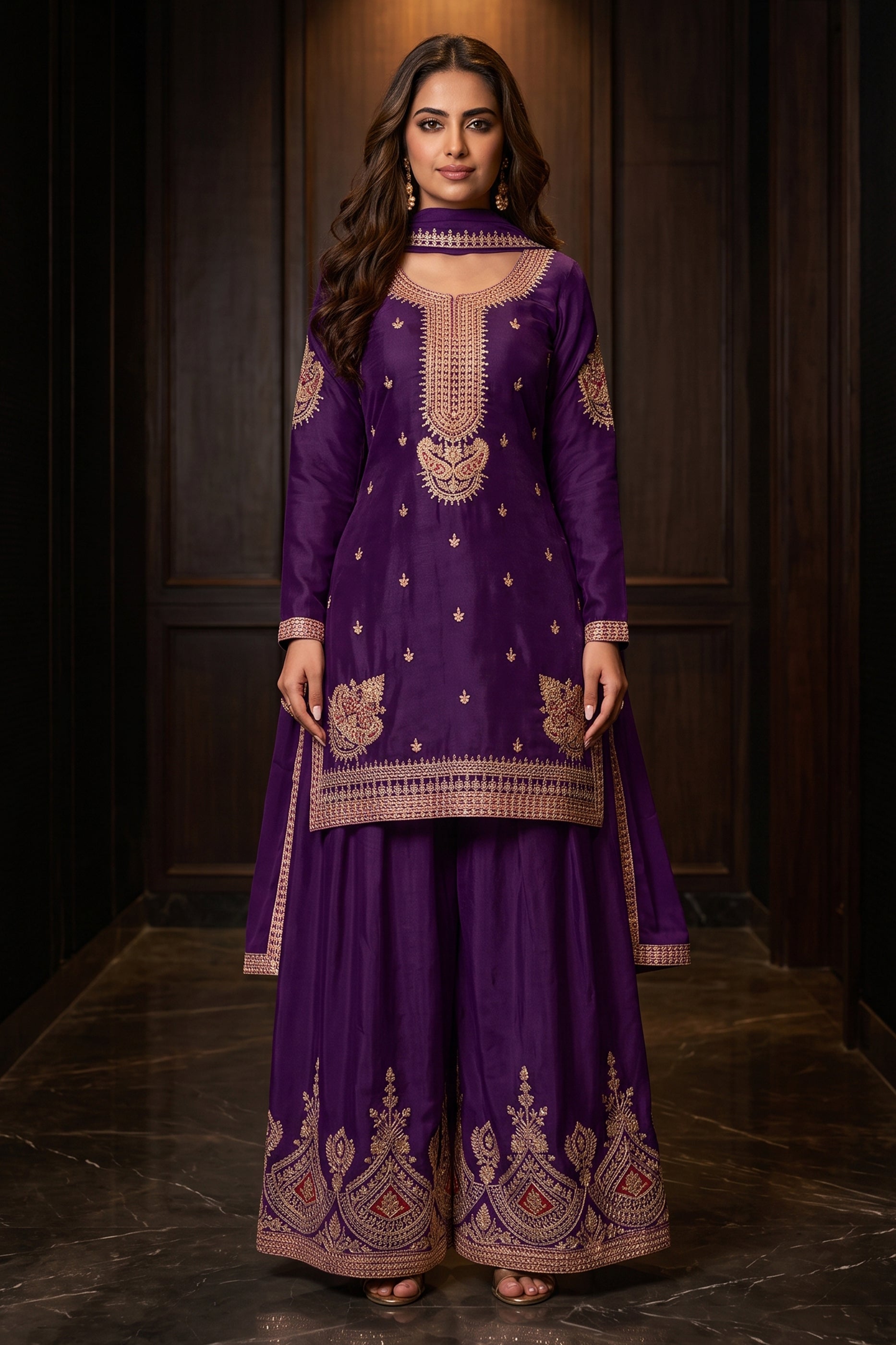 Purple Readymade Embroidered Chinon Suit-SAR12990_1_SareeButa.com