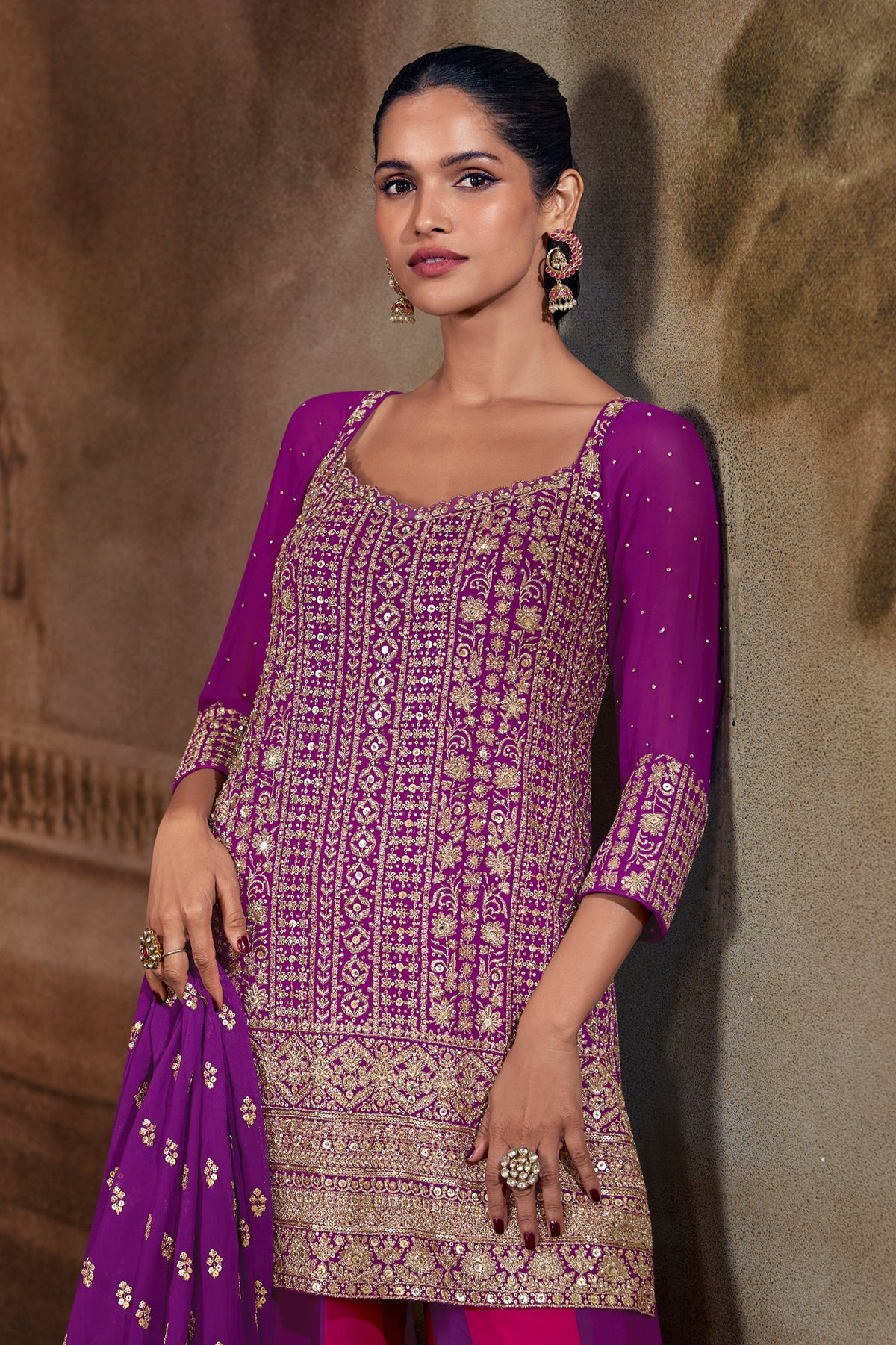 Purple Readymade Embroidered Georgette Palazzo Suit-SAR13371_3_SareeButa.com