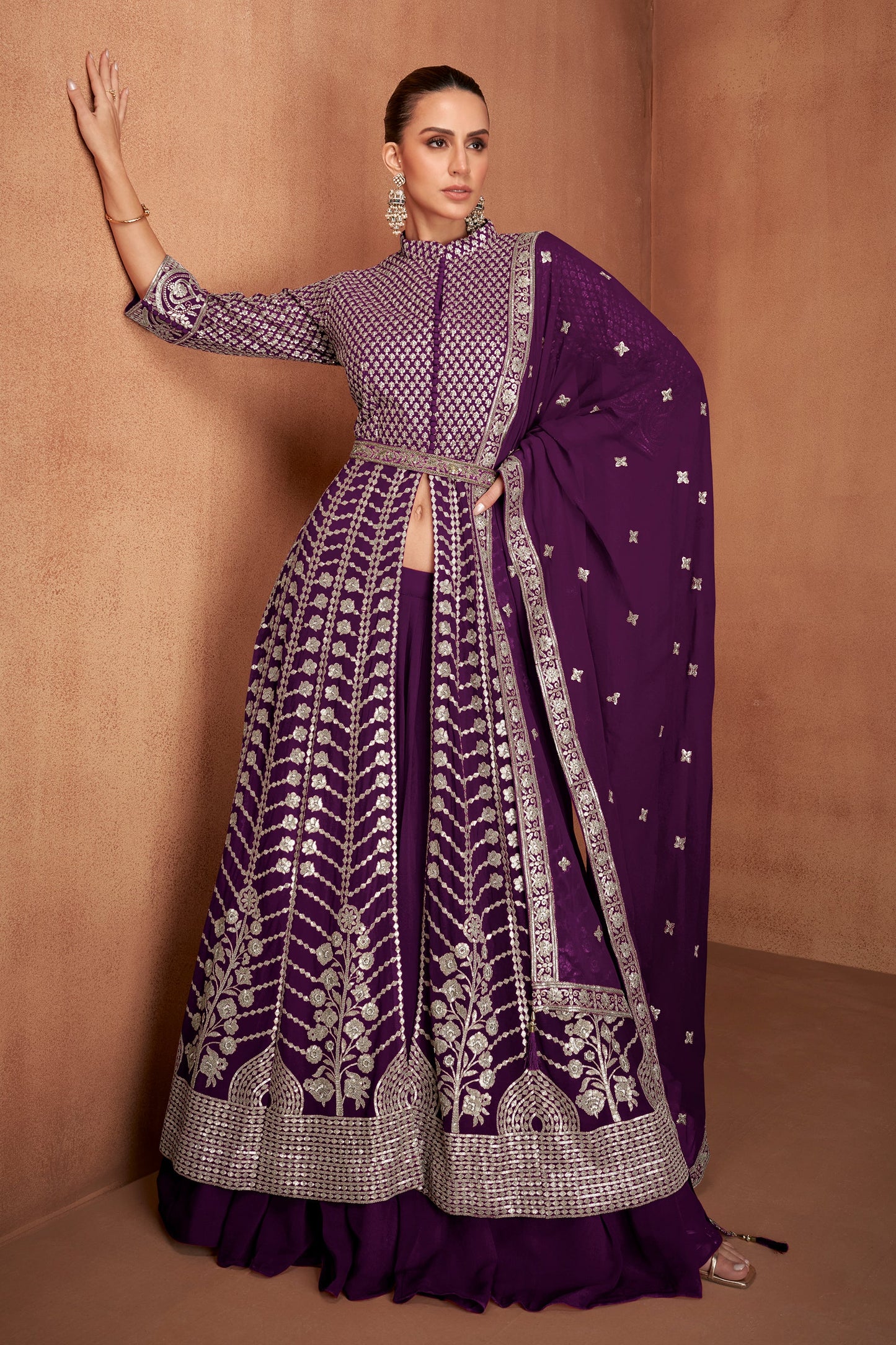 Purple Readymade Embroidered Georgette Skirt Suit-SAR11117_1_SareeButa.com