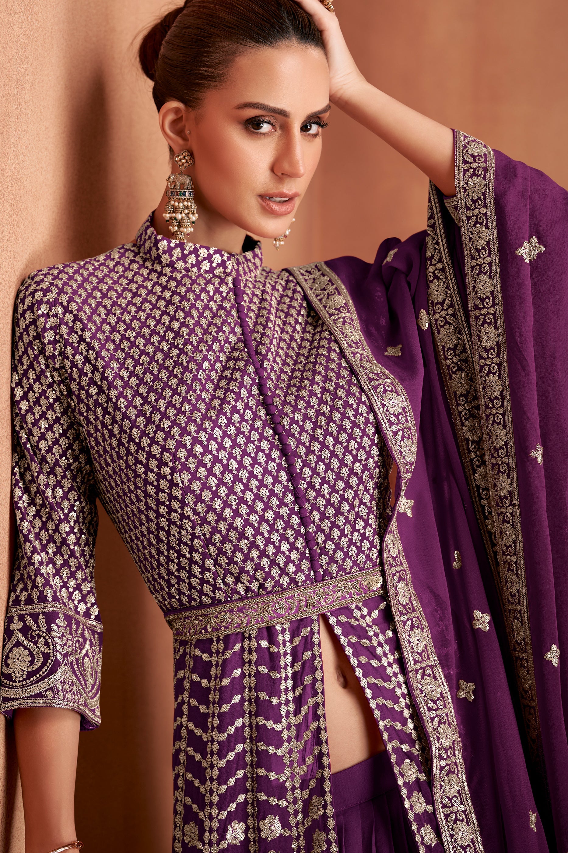 Purple Readymade Embroidered Georgette Skirt Suit-SAR11117_2_SareeButa.com
