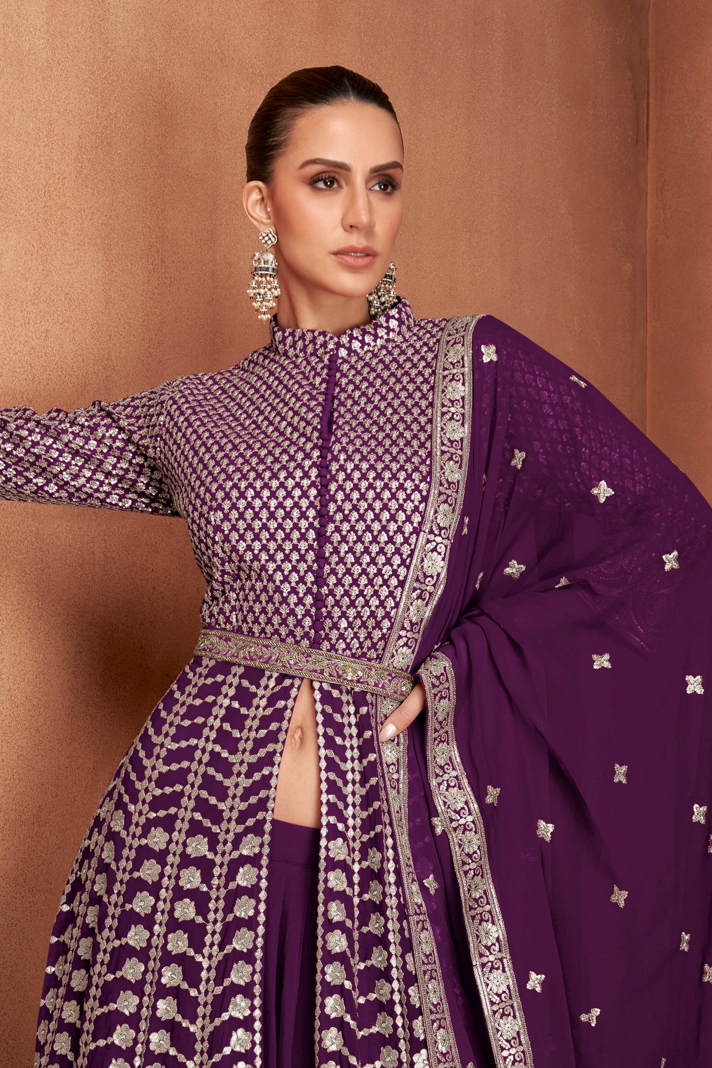 Purple Readymade Embroidered Georgette Skirt Suit-SAR11117_3_SareeButa.com