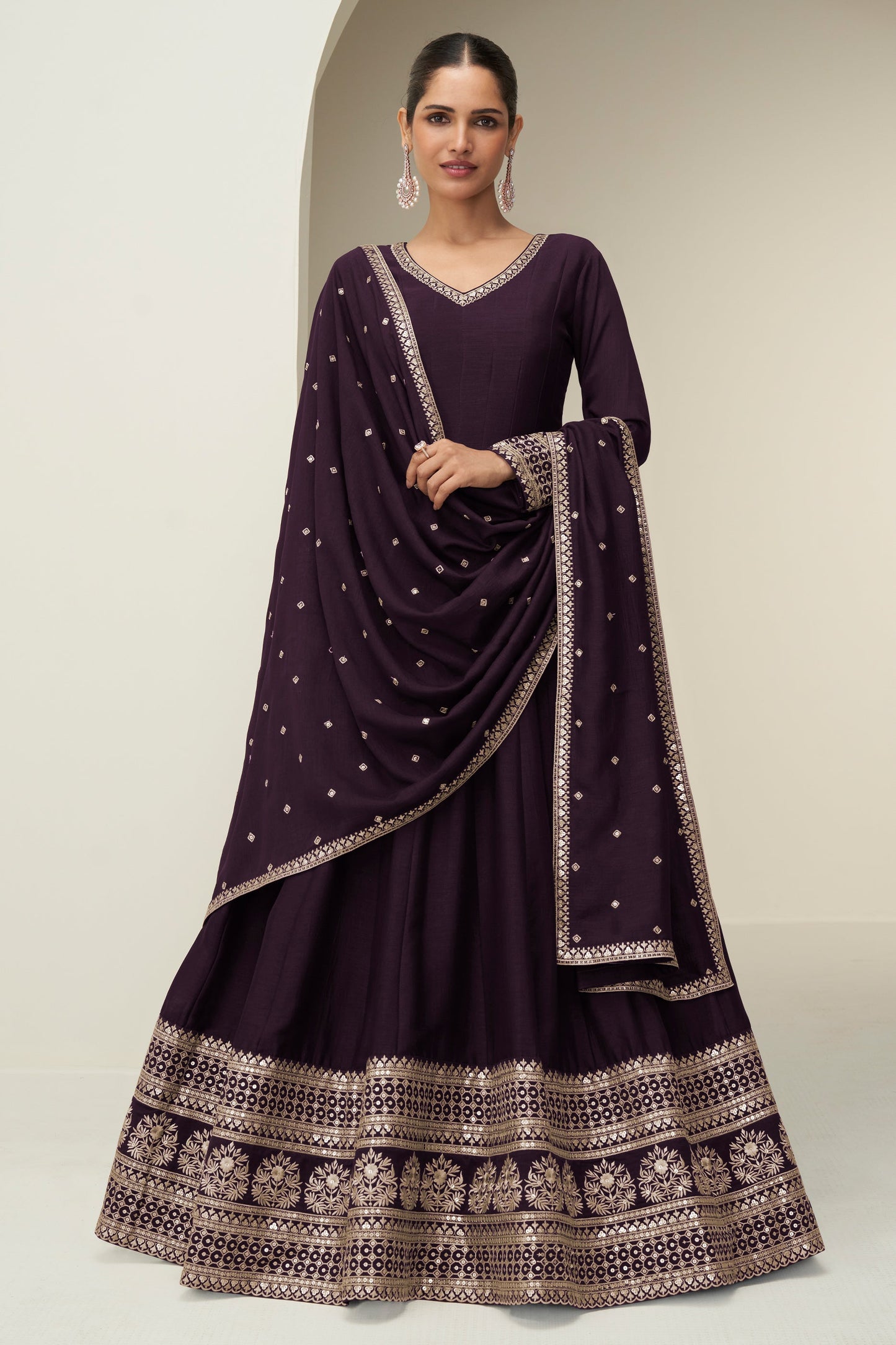 Purple Readymade Embroidered Silk Gown With Dupatta-SAR10776_1_SareeButa.com