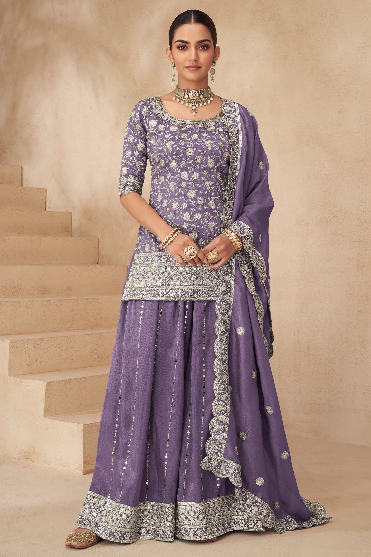 Purple Readymade Embroidered Simar Silk Pallazo Suit-SAR10782_1_SareeButa.com
