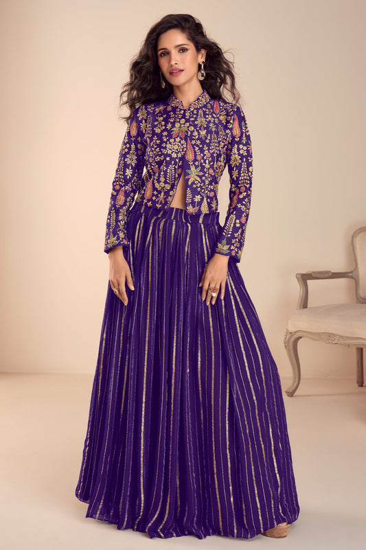 Purple Readymade Embroidered Skirt Set-SAR11688_1_SareeButa.com