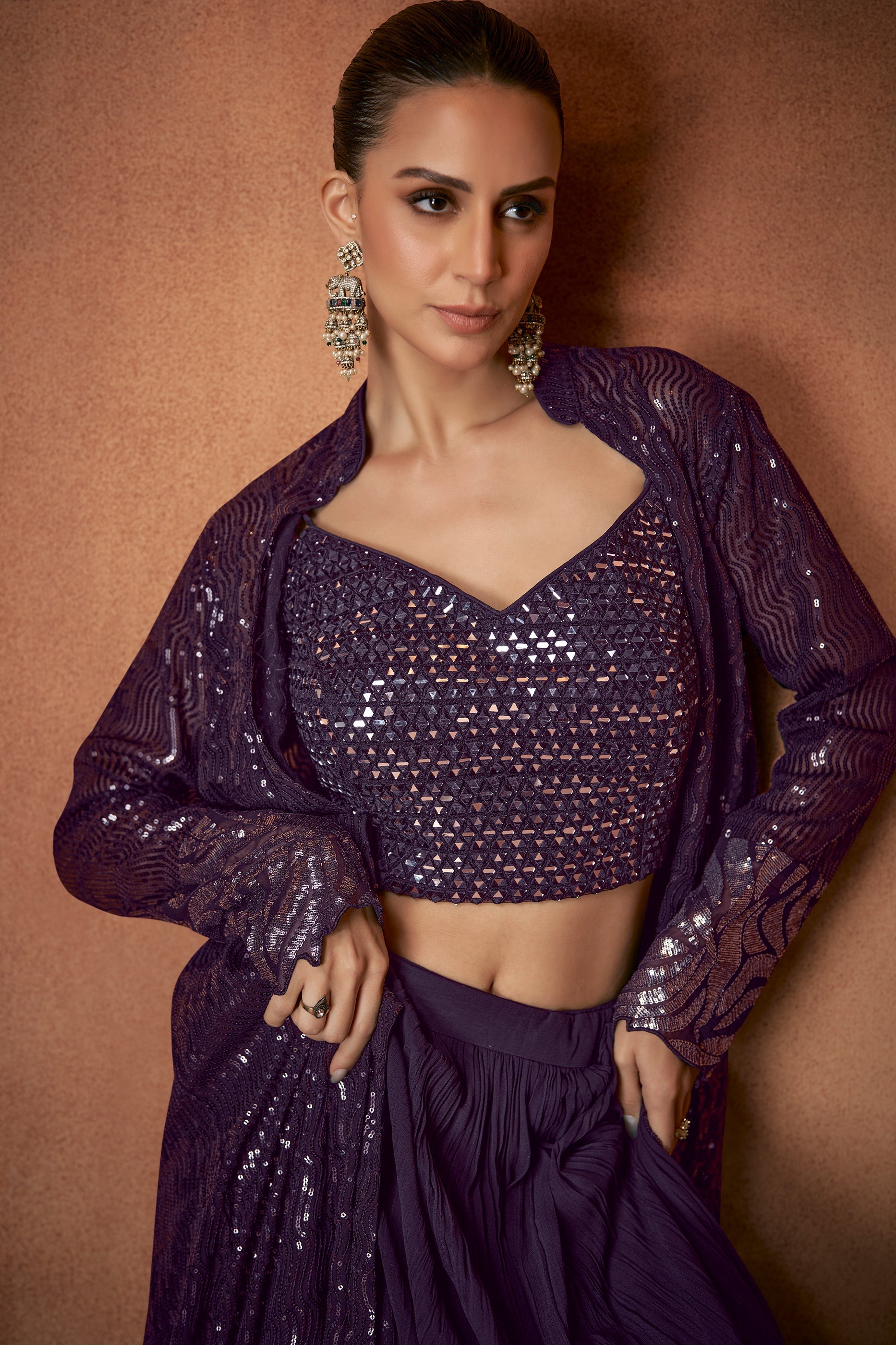 Purple Readymade Georgette Skirt Set With Shrug-SAR12150_2_SareeButa.com