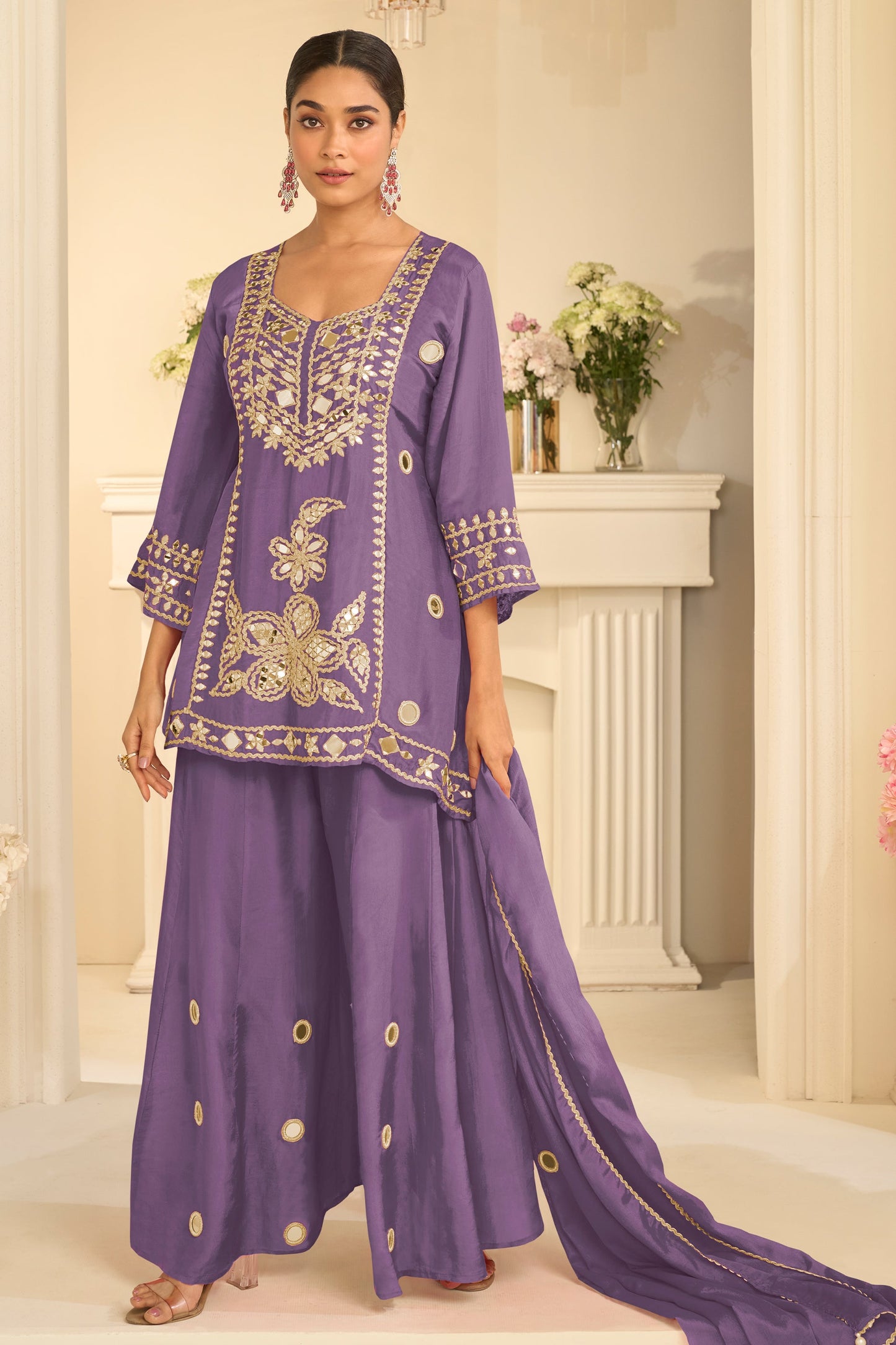 Purple Readymade Mirror Work Chinon A-line Suit-SAR12155_1_SareeButa.com