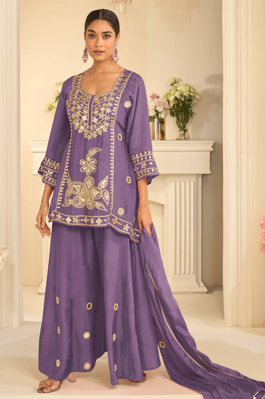 Purple Readymade Mirror Work Chinon A-line Suit-SAR12155_1_SareeButa.com