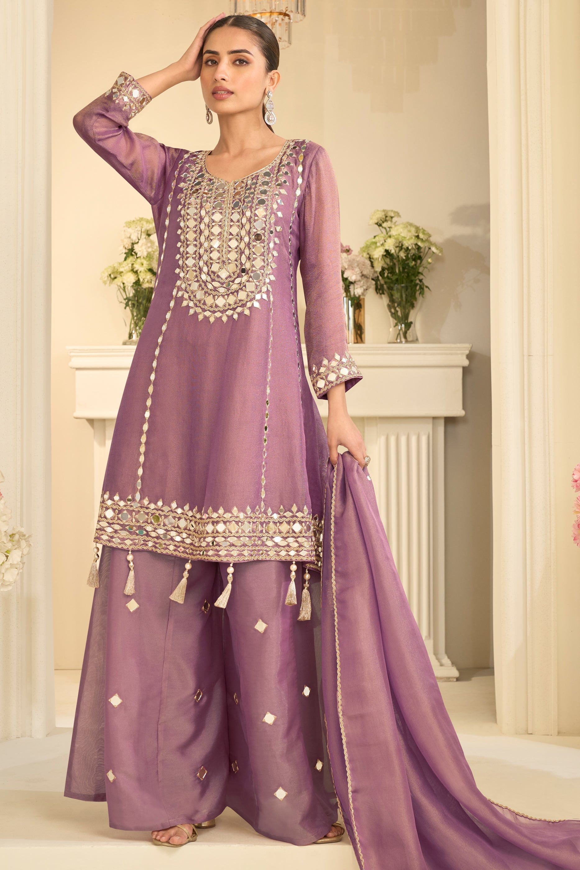 Purple Readymade Mirror Work Silk A-line Suit-SAR12157_1_SareeButa.com