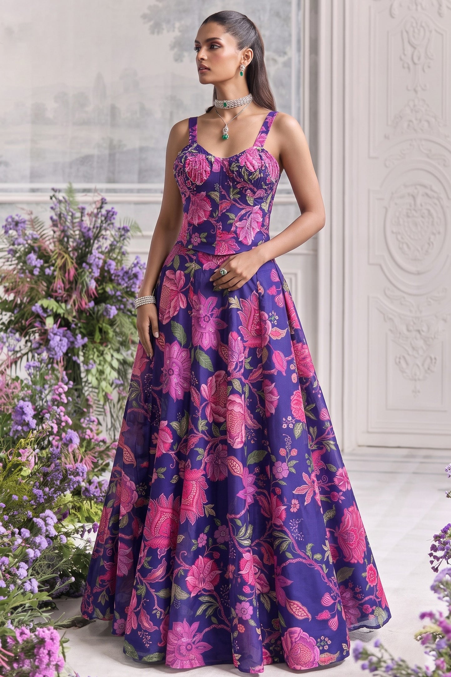 Purple Readymade Printed Organza Skirt Set-SAR13115_1_SareeButa.com