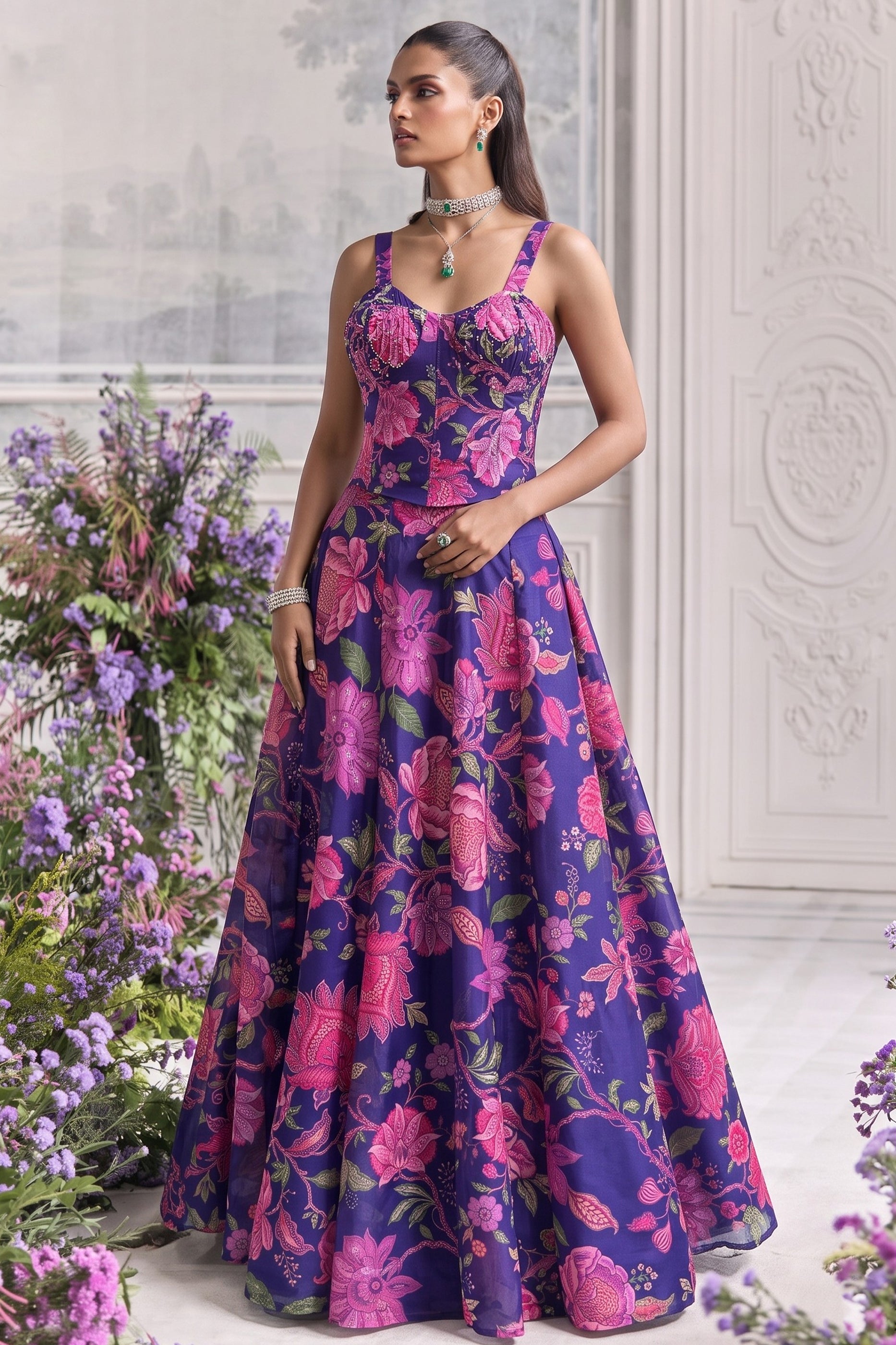 Purple Readymade Printed Organza Skirt Set-SAR13115_1_SareeButa.com