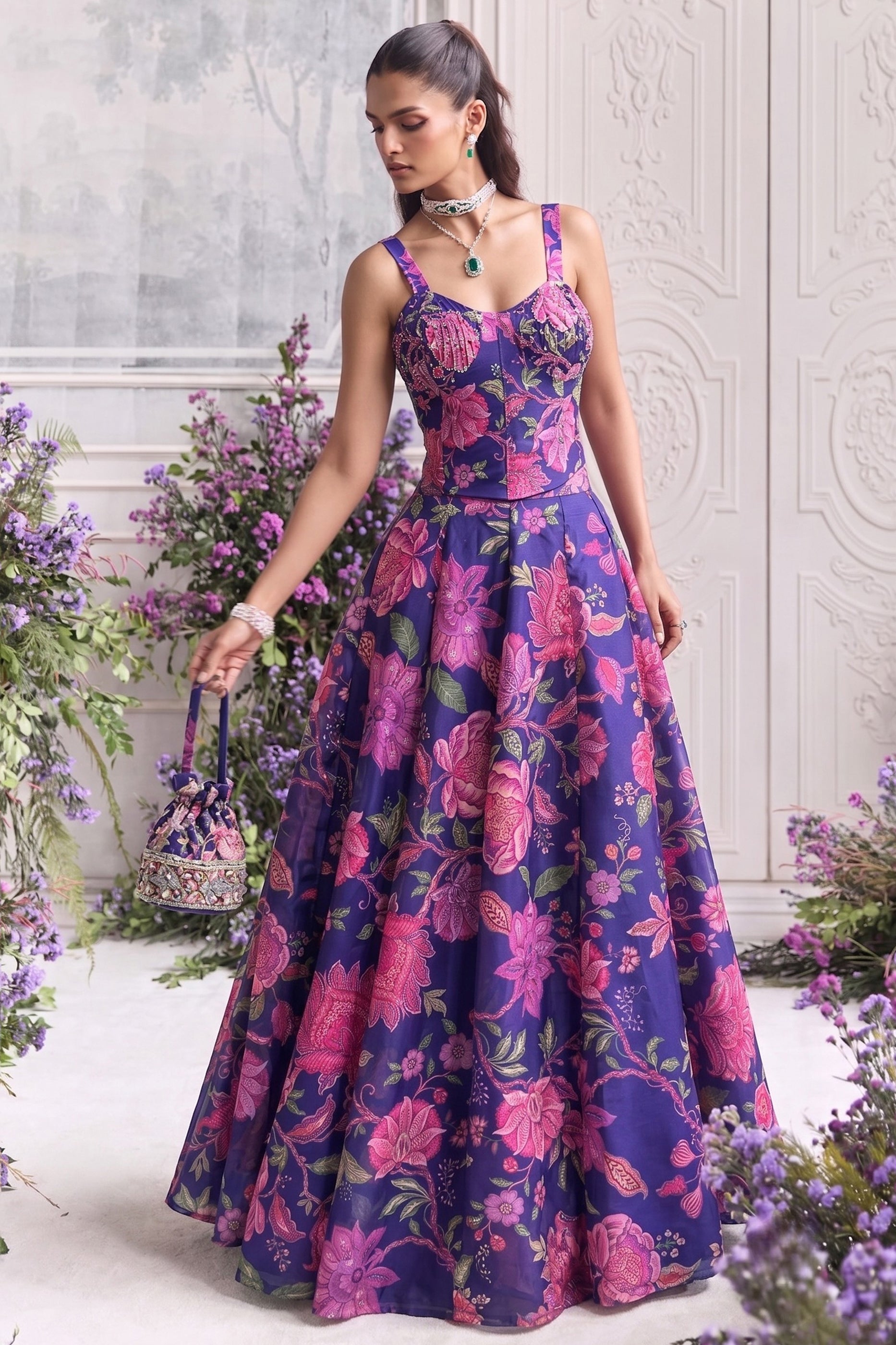 Purple Readymade Printed Organza Skirt Set-SAR13115_3_SareeButa.com
