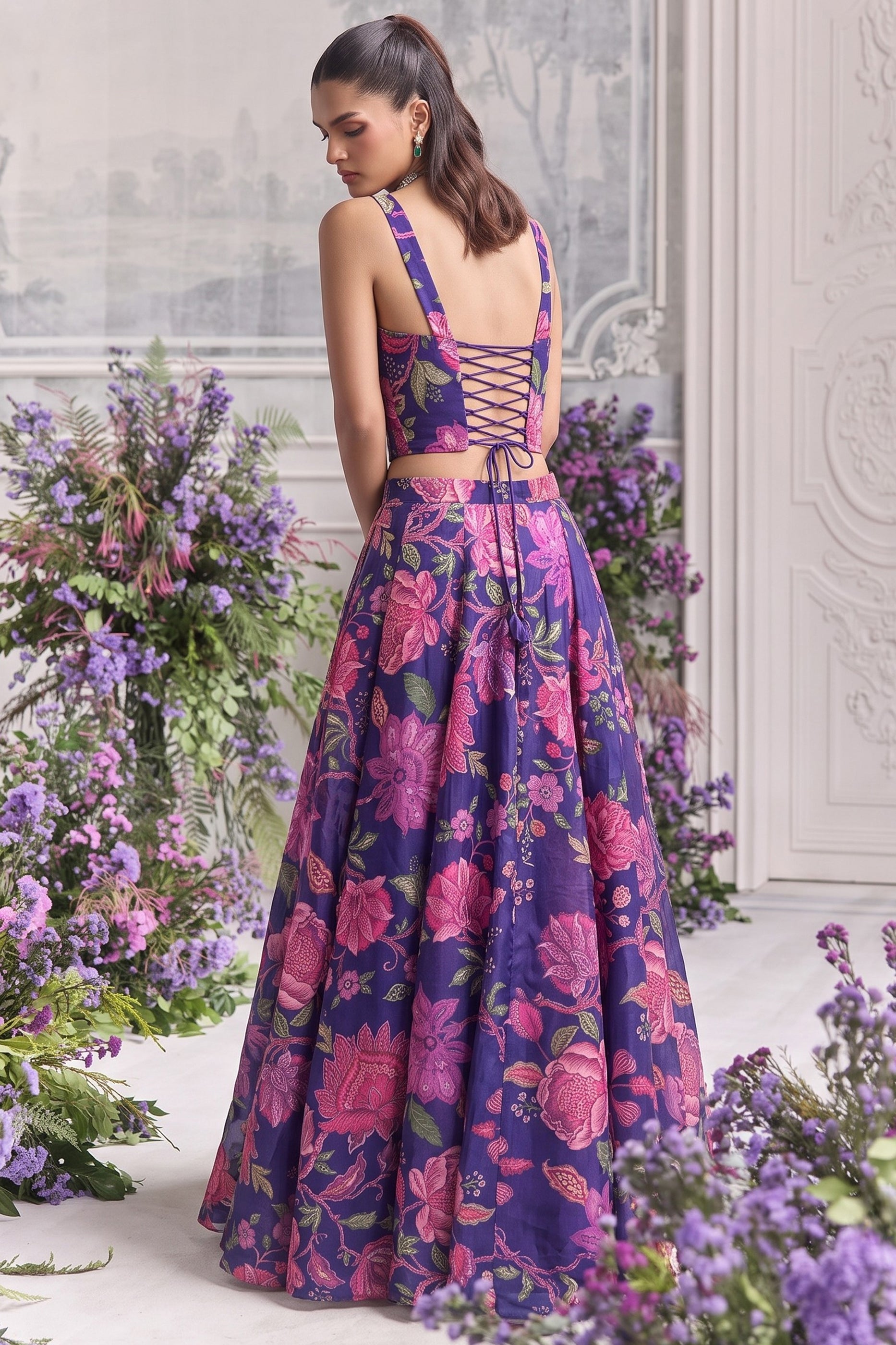Purple Readymade Printed Organza Skirt Set-SAR13115_4_SareeButa.com