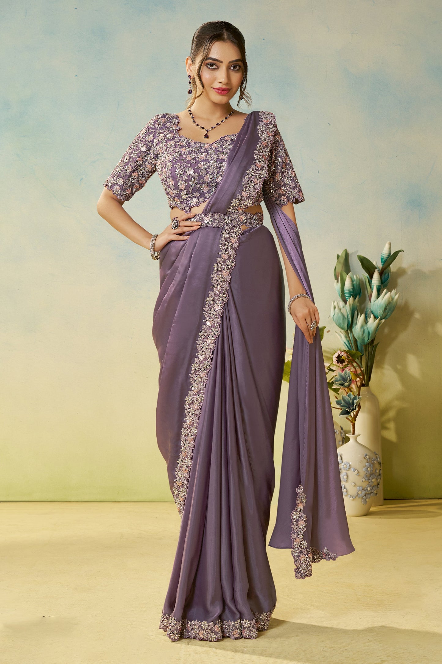 Purple Satin Silk Readymade Saree-SAR11140_1_SareeButa.com
