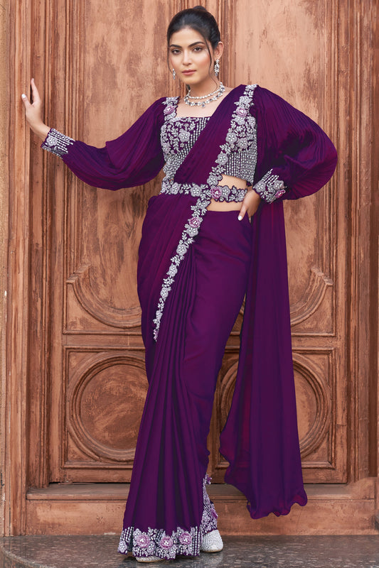 Purple Satin Silk Readymade Saree with Stitched Blouse-ZB134331_1_SareeButa.com