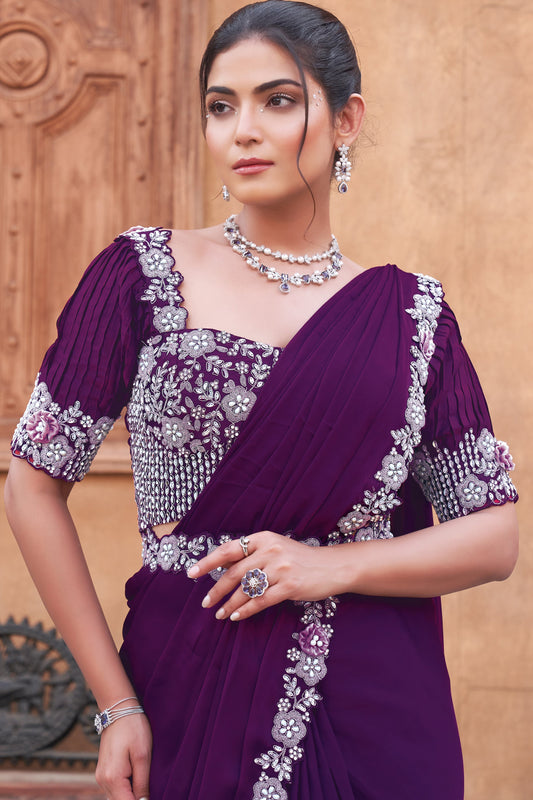 Purple Satin Silk Readymade Saree with Stitched Blouse-ZB134331_2_SareeButa.com