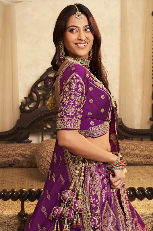 Purple Semi-Stitched Banarasi Silk Lehenga-SAR11700_2_SareeButa.com