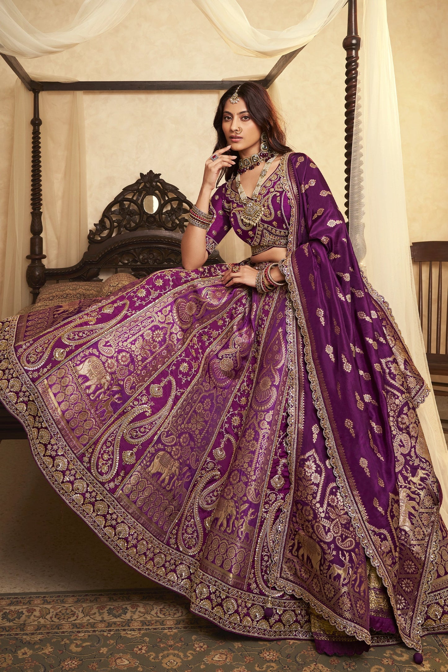 Purple Semi-Stitched Banarasi Silk Lehenga-SAR11700_3_SareeButa.com