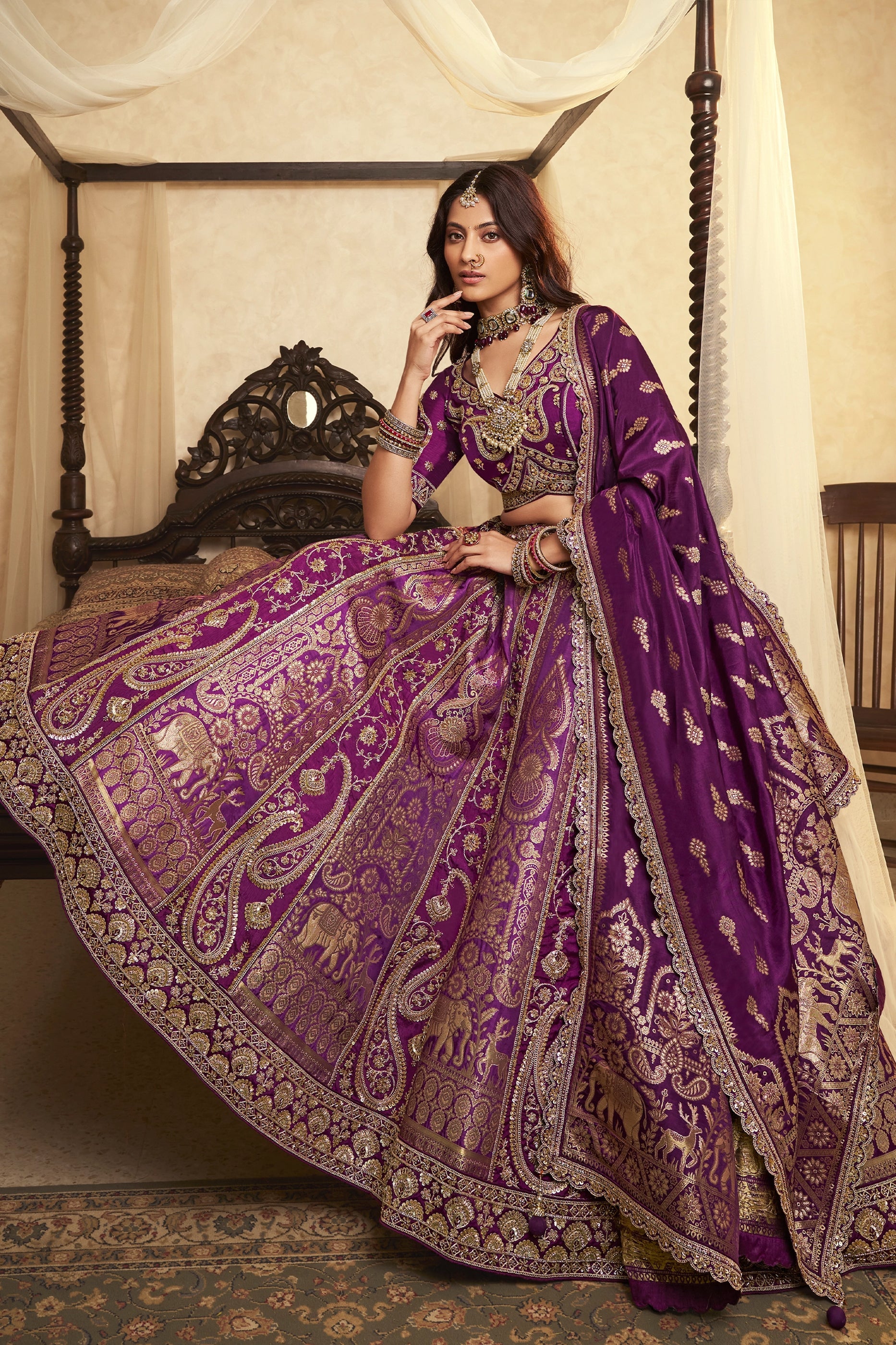 Purple Semi-Stitched Banarasi Silk Lehenga-SAR11700_3_SareeButa.com