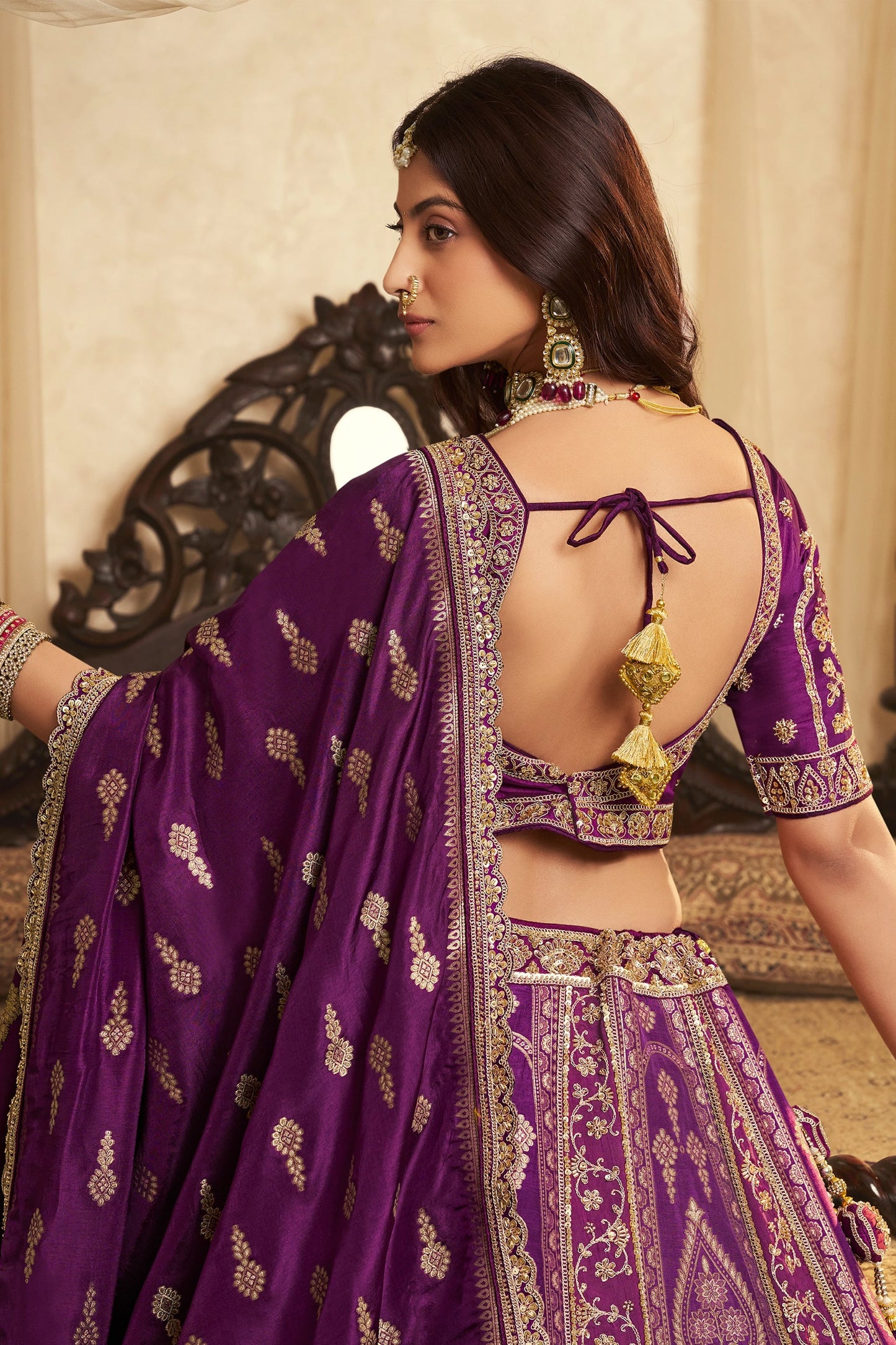 Purple Semi-Stitched Banarasi Silk Lehenga-SAR11700_4_SareeButa.com