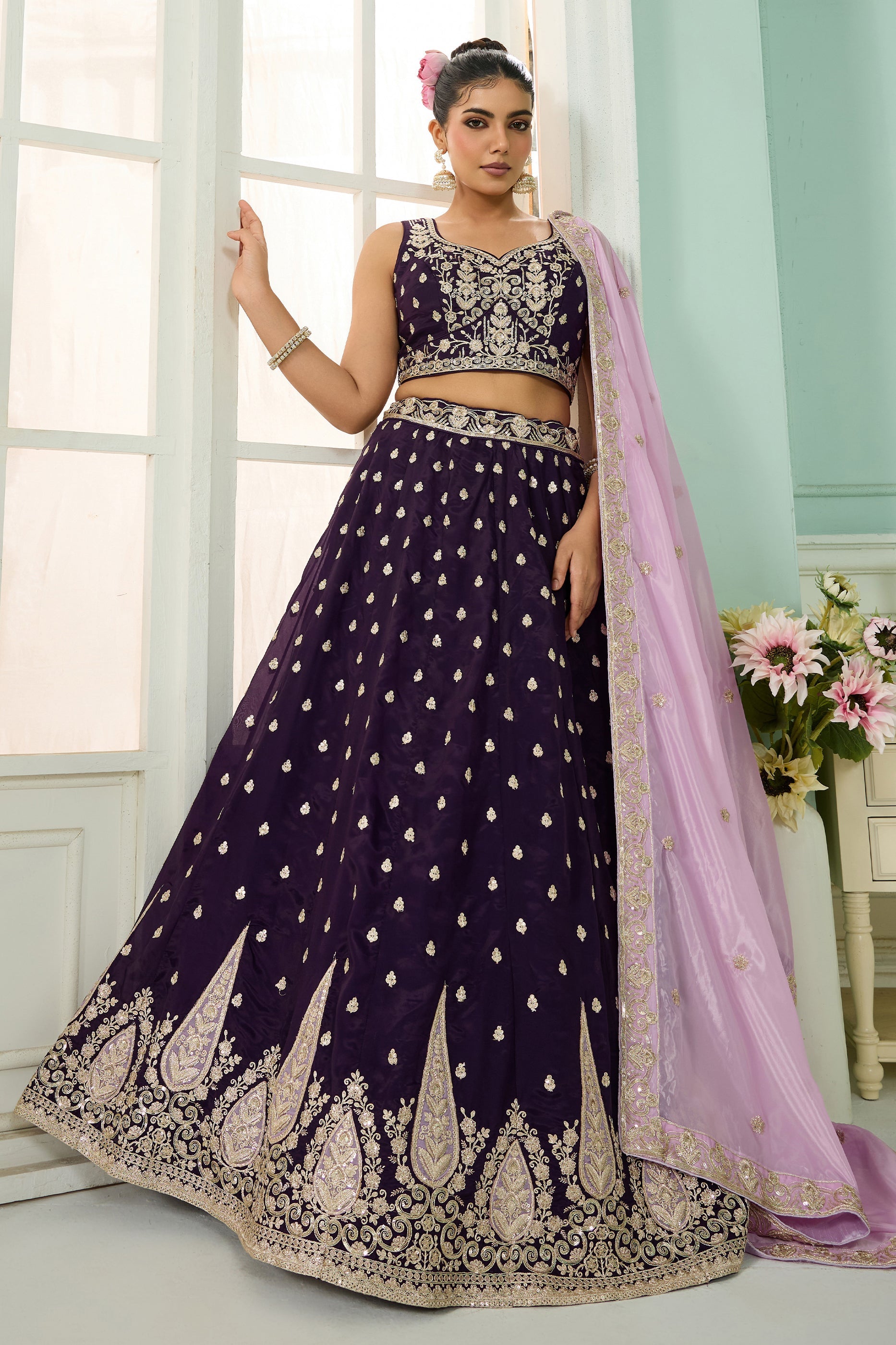 Purple Semi-Stitched Embroidered Organza Lehenga-SAR10705_1_SareeButa.com