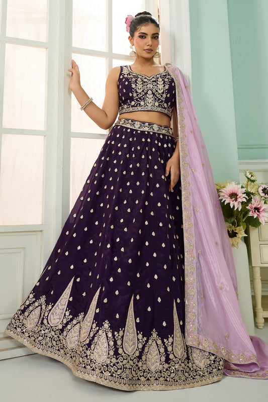Purple Semi-Stitched Embroidered Organza Lehenga-SAR10705_1_SareeButa.com