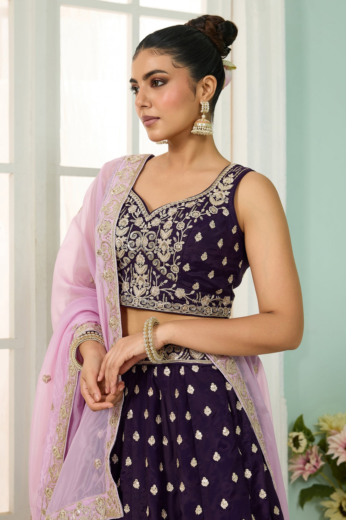 Purple Semi-Stitched Embroidered Organza Lehenga-SAR10705_2_SareeButa.com