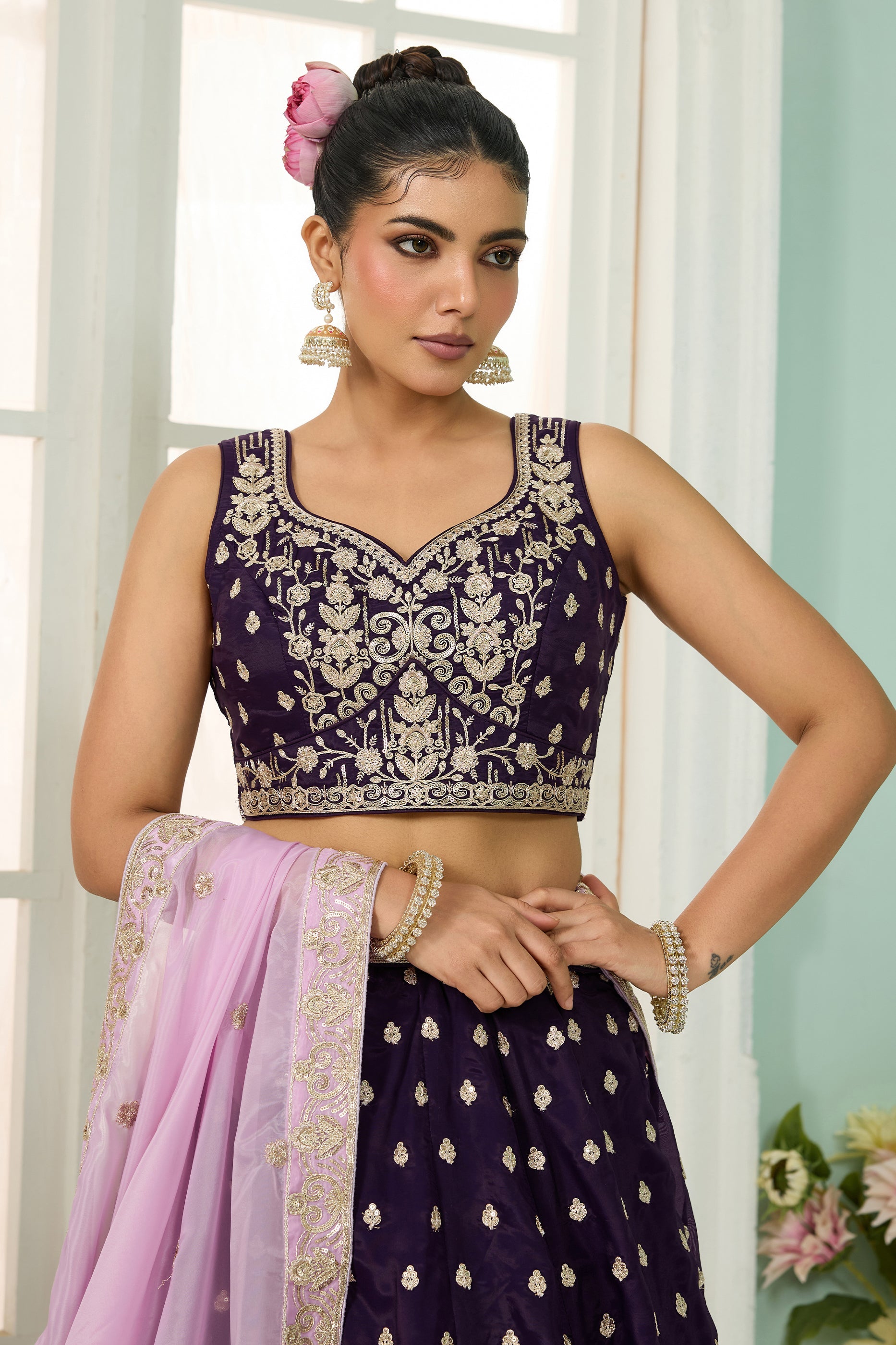 Purple Semi-Stitched Embroidered Organza Lehenga-SAR10705_3_SareeButa.com