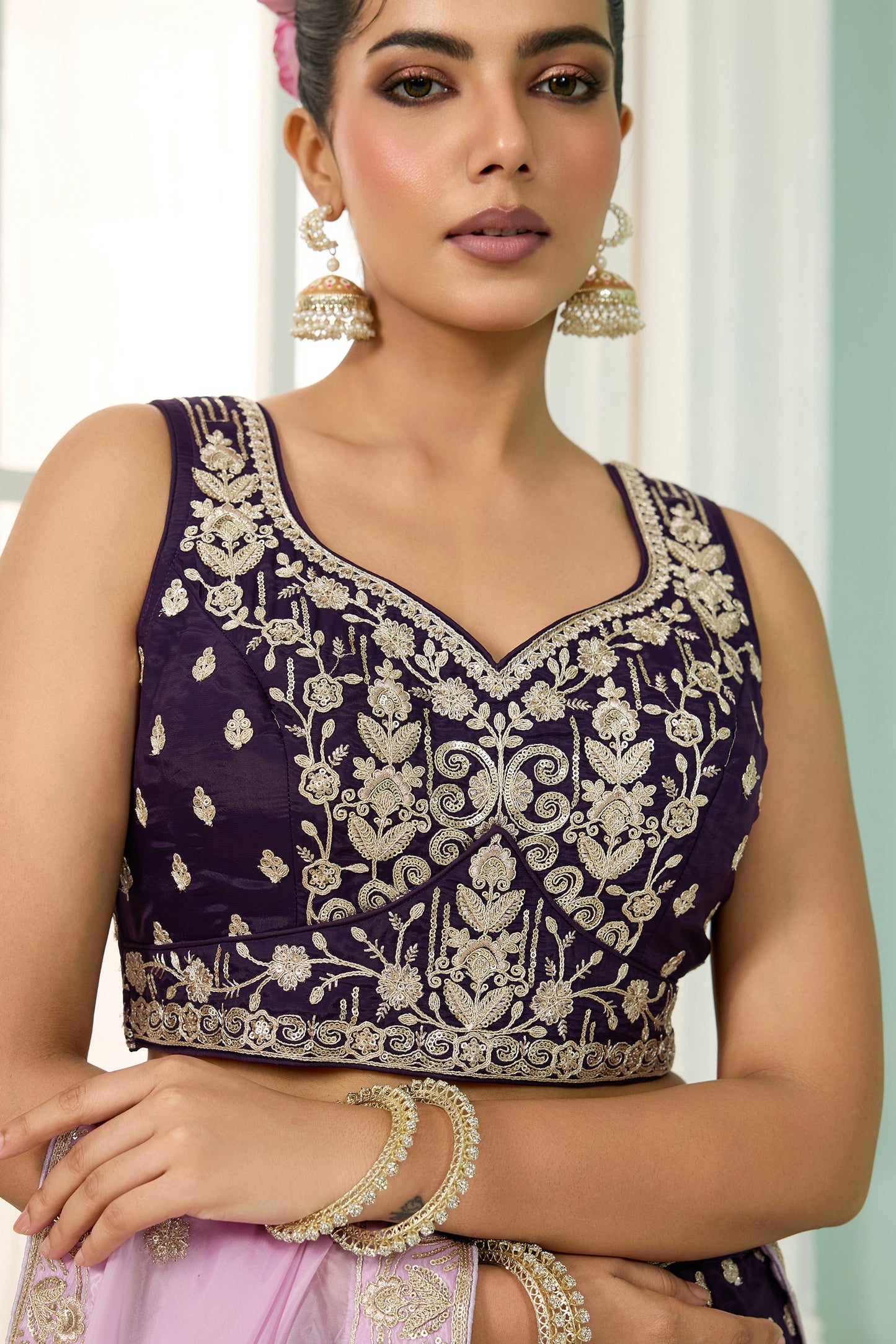 Purple Semi-Stitched Embroidered Organza Lehenga-SAR10705_4_SareeButa.com