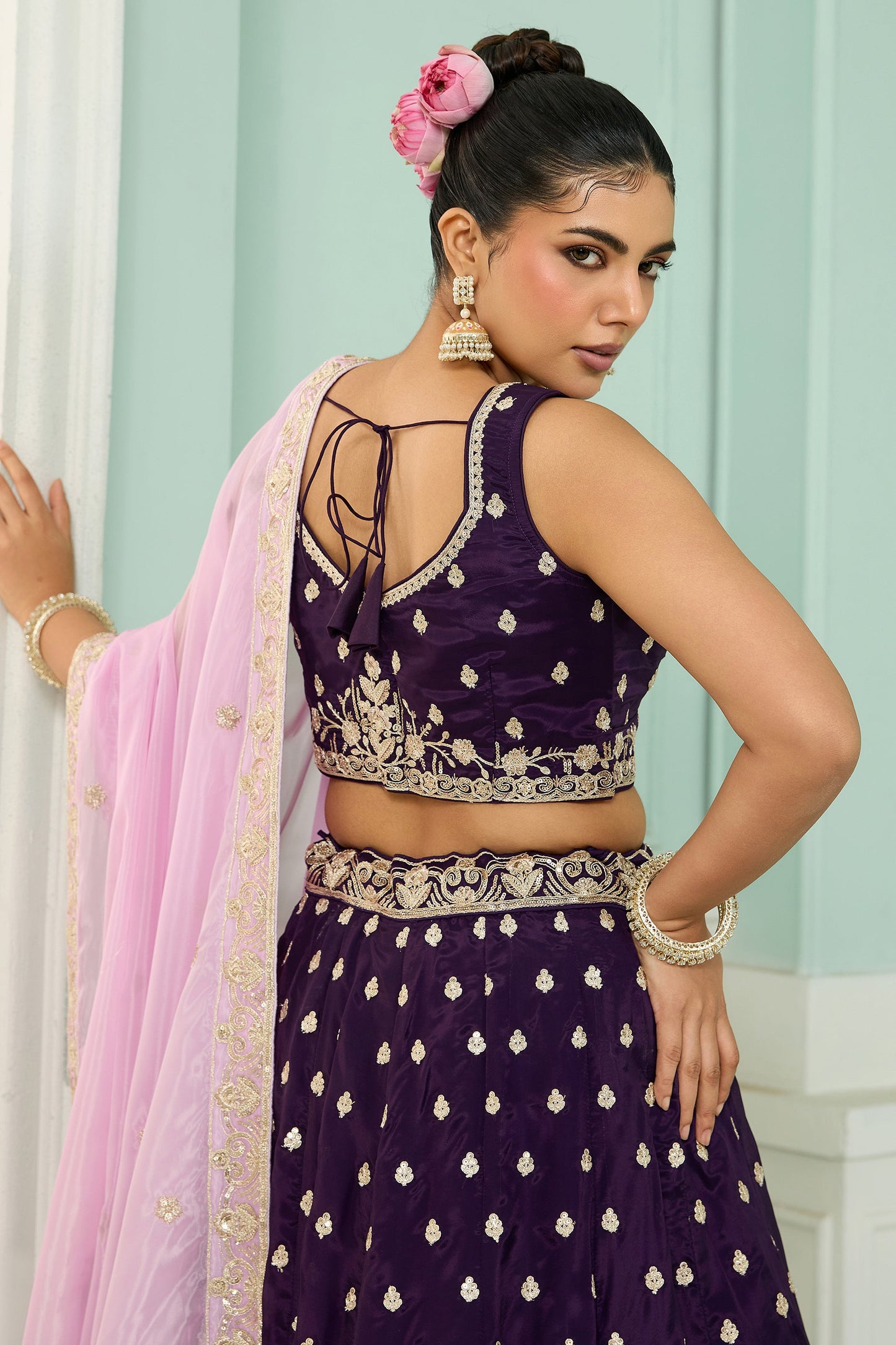 Purple Semi-Stitched Embroidered Organza Lehenga-SAR10705_5_SareeButa.com