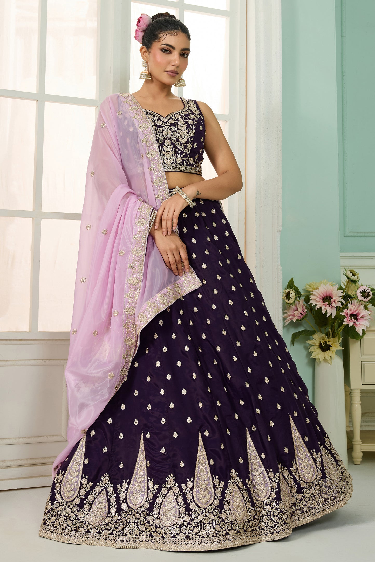Purple Semi-Stitched Embroidered Organza Lehenga