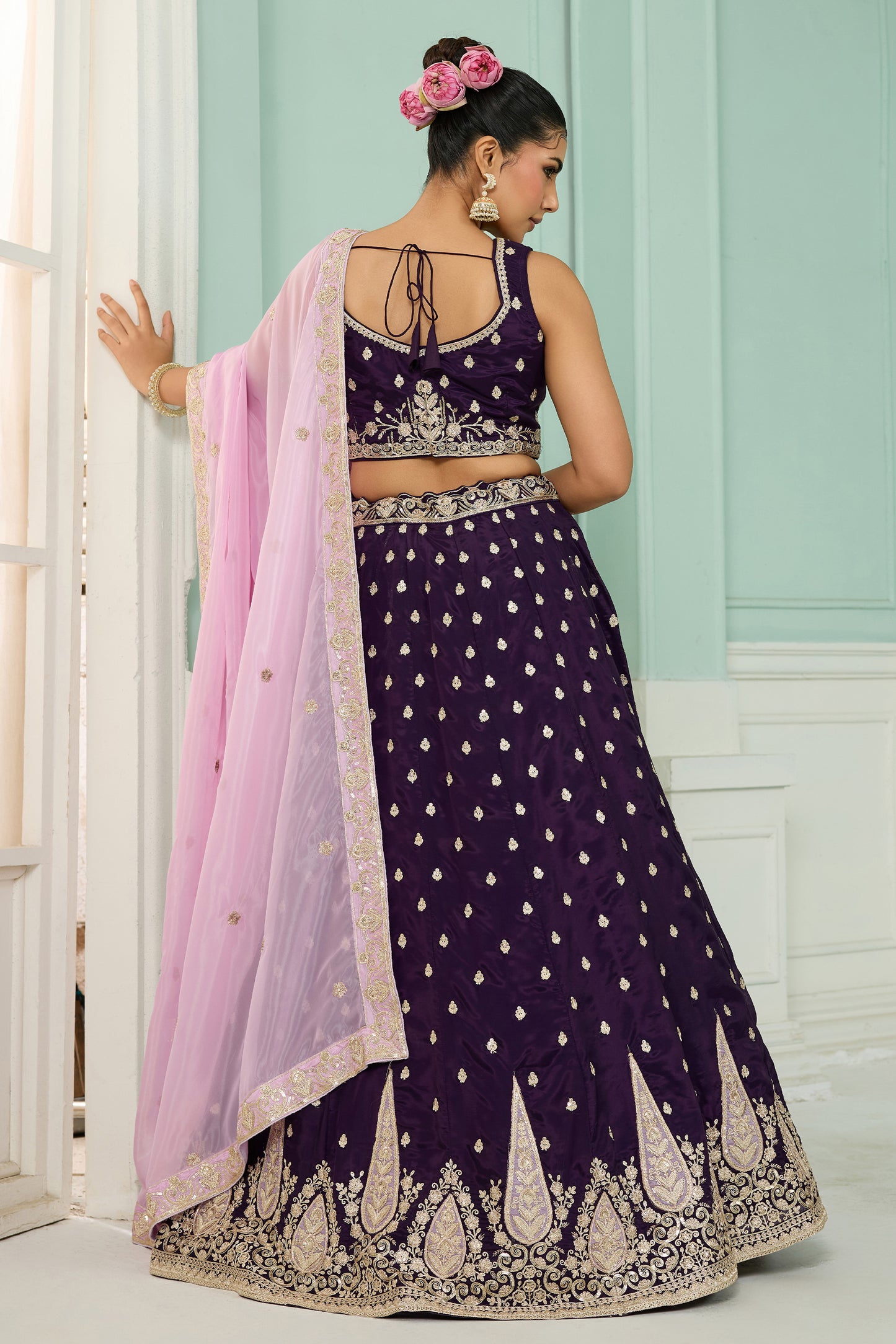 Purple Semi-Stitched Embroidered Organza Lehenga