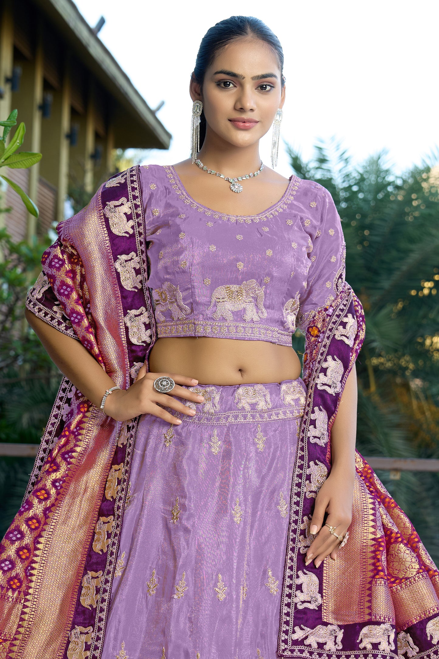 Purple Semi-Stitched Embroidered Tissue Jacquard Lehenga