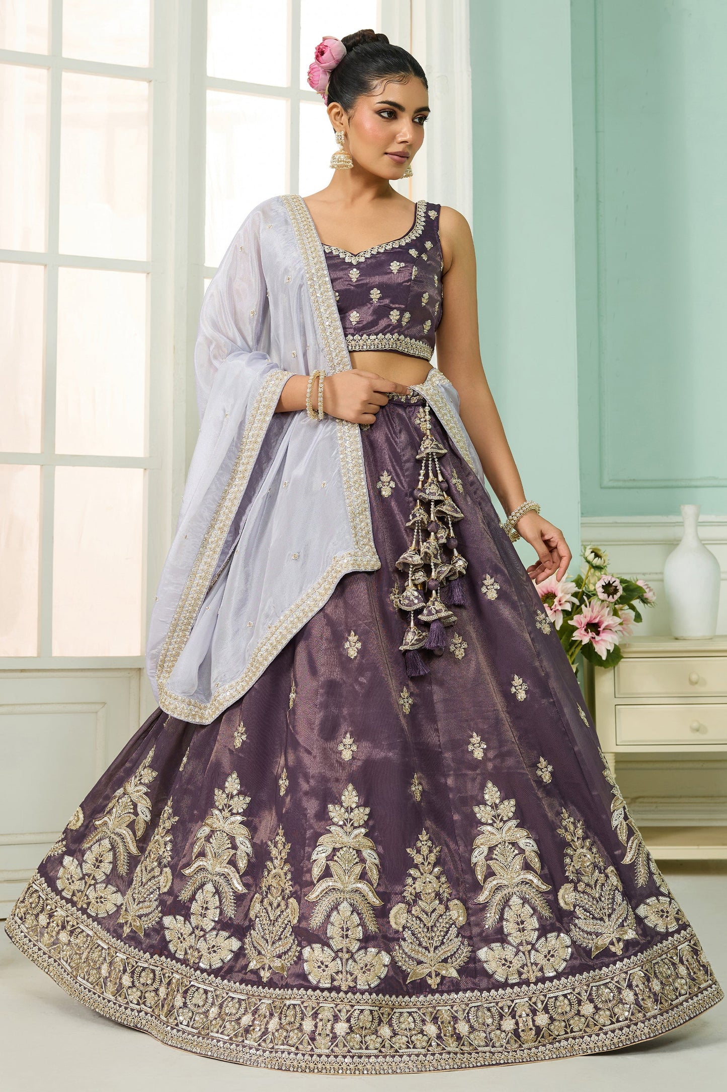 Purple Semi-Stitched Embroidered Tissue Lehenga-SAR10684_1_SareeButa.com
